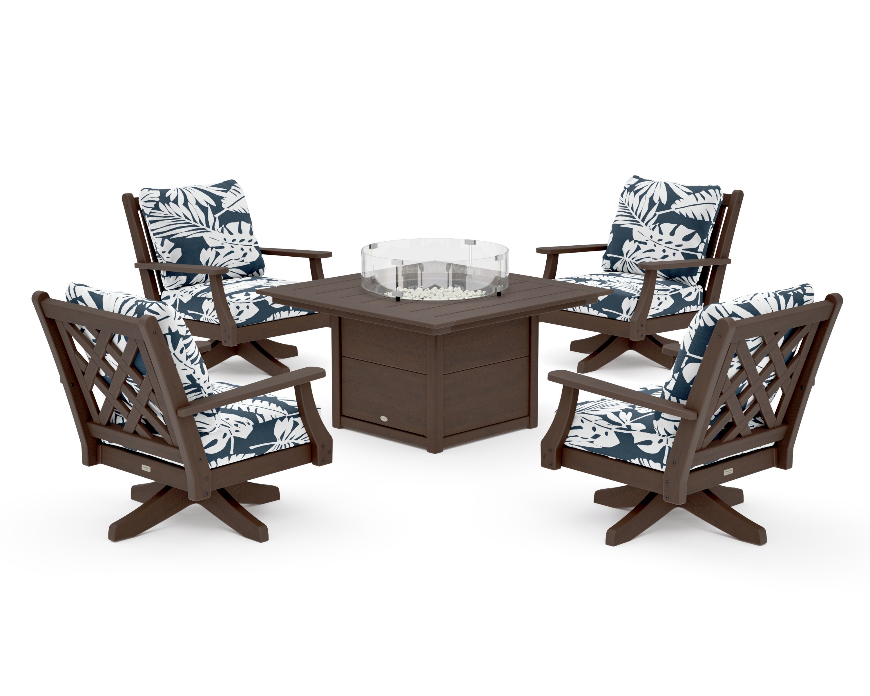 Wovendale 5-Piece Deep Seating Swivel Conversation Set with Fire Pit Table in Kona / Leaf Marine Indigo