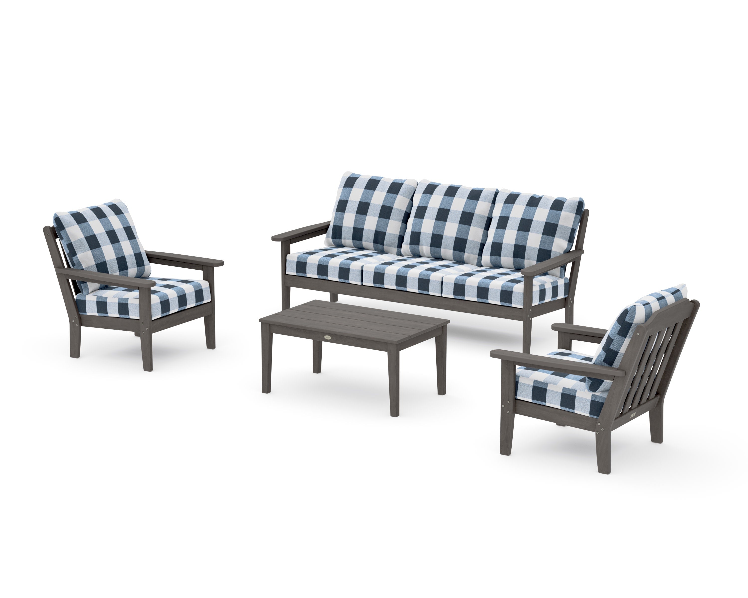 Cottage 4-Piece Deep Seating Set with Sofa in Driftwood / Buffalo Plaid Marine Indigo