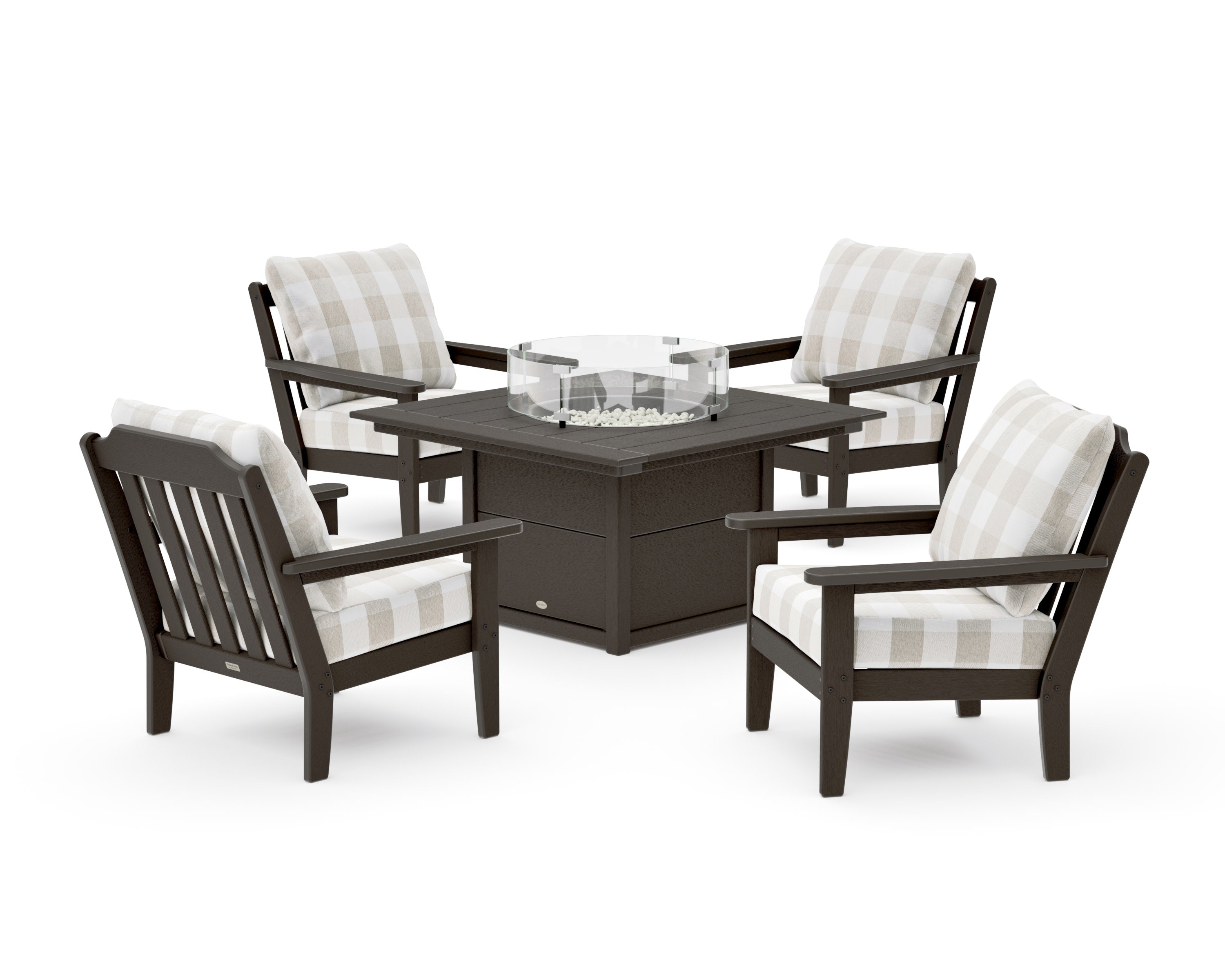 Cottage 5-Piece Deep Seating Set with Fire Pit Table in Vintage Coffee / Buffalo Plaid Dune Burlap