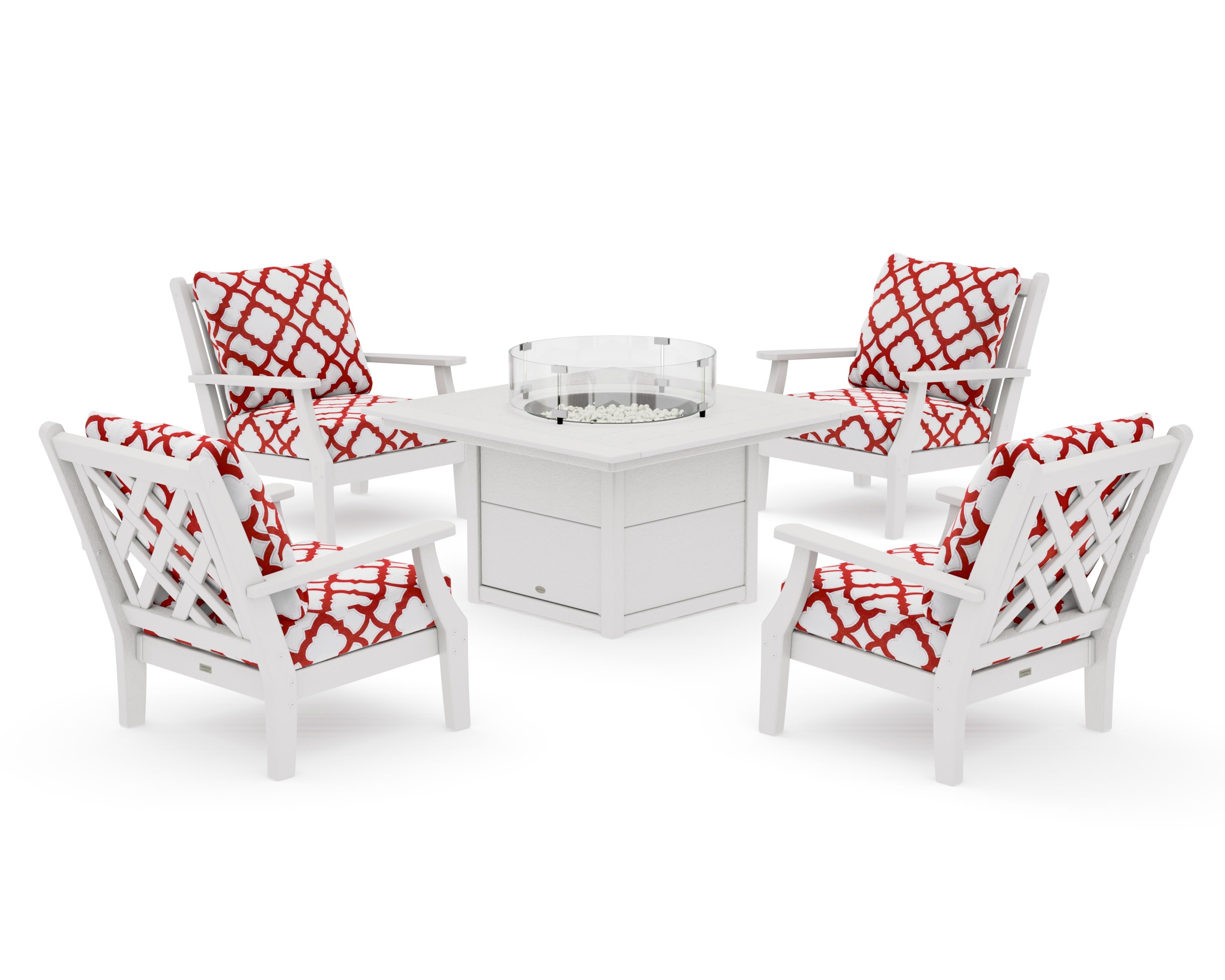 Wovendale 5-Piece Deep Seating Set with Fire Pit Table in Vintage White / Trellis Crimson