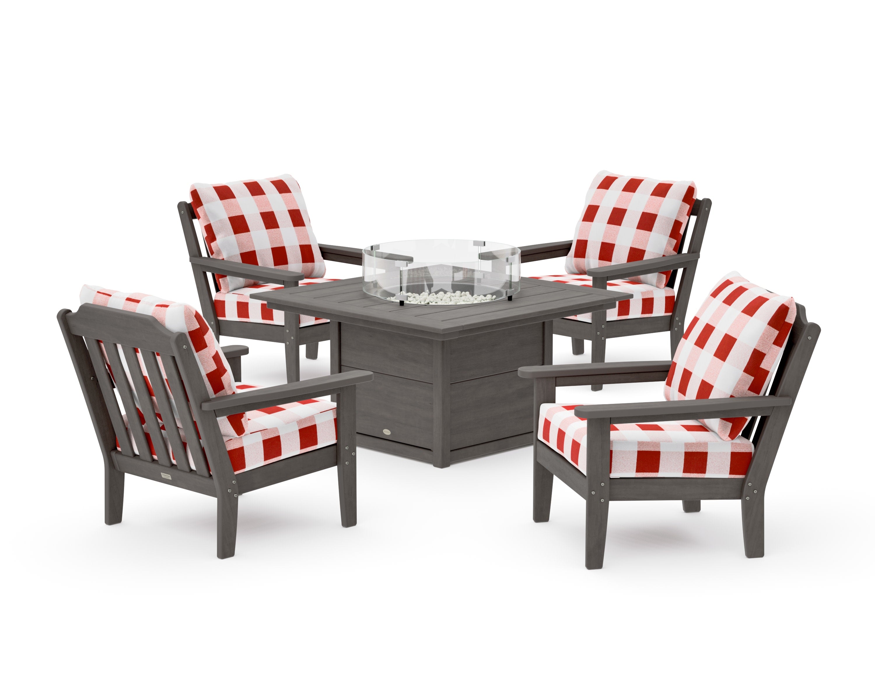Cottage 5-Piece Deep Seating Set with Fire Pit Table in Driftwood / Buffalo Plaid Crimson