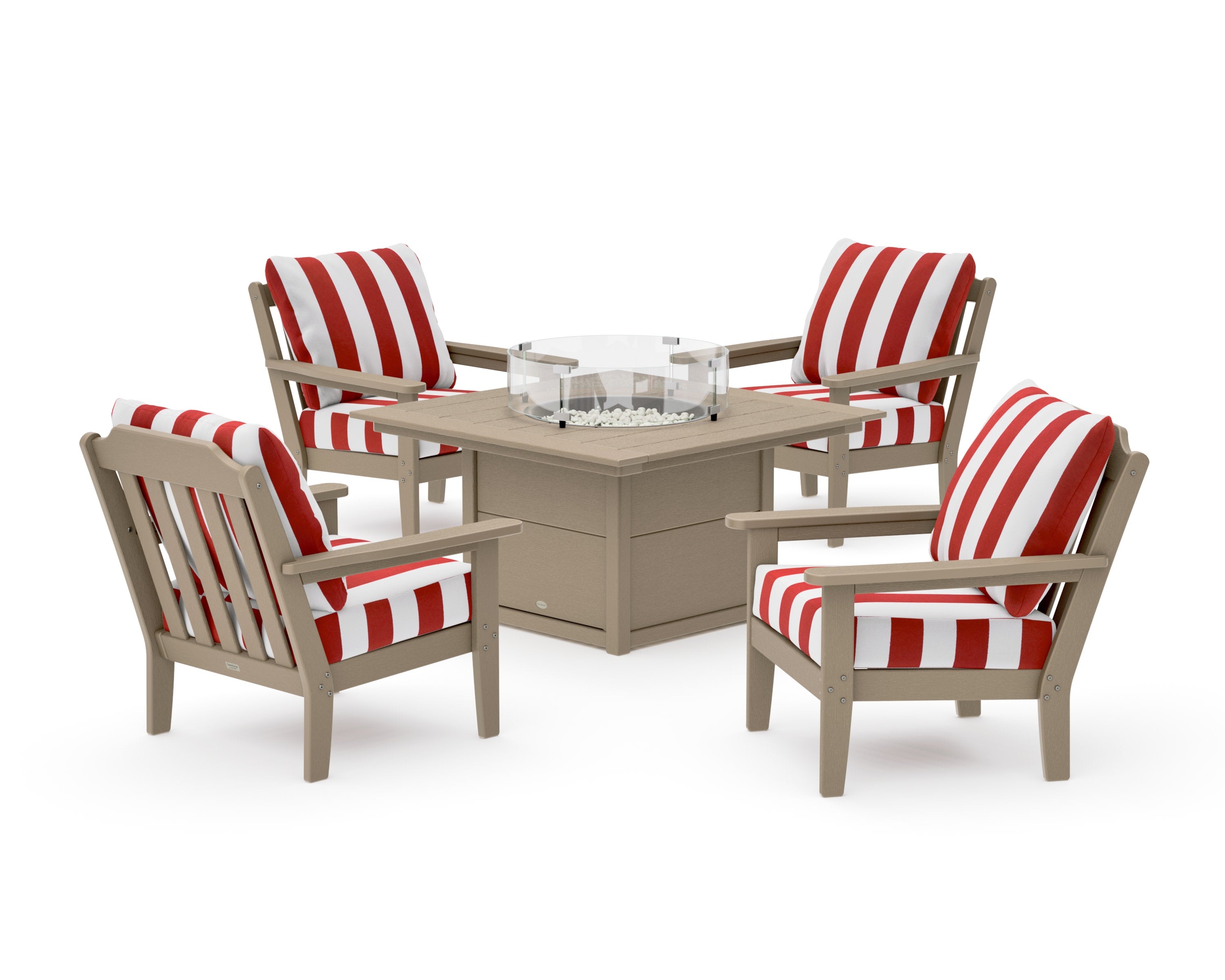 Cottage 5-Piece Deep Seating Set with Fire Pit Table in Vintage Sahara / Cabana Stripe Crimson