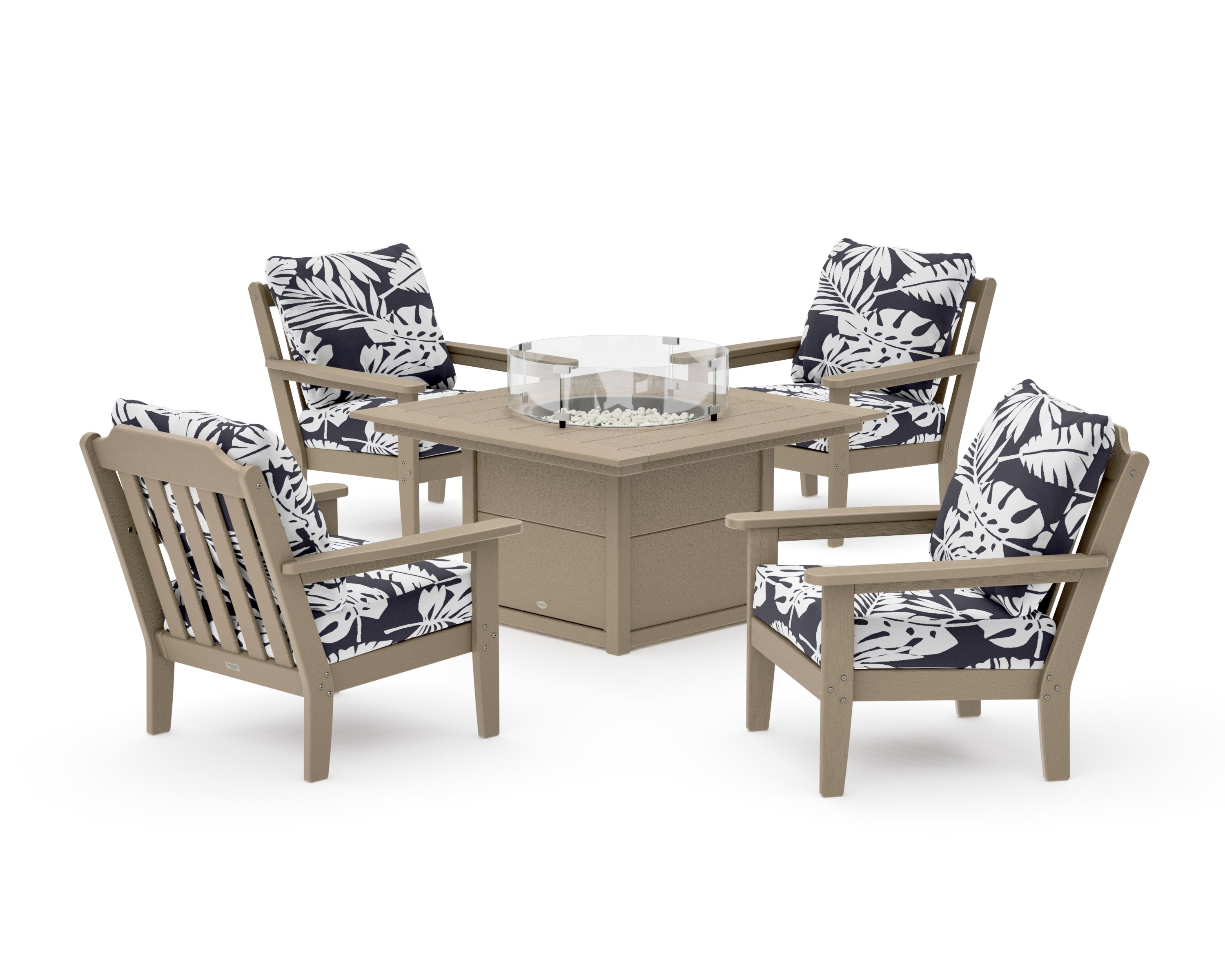 Cottage 5-Piece Deep Seating Set with Fire Pit Table in Vintage Sahara / Leaf Navy