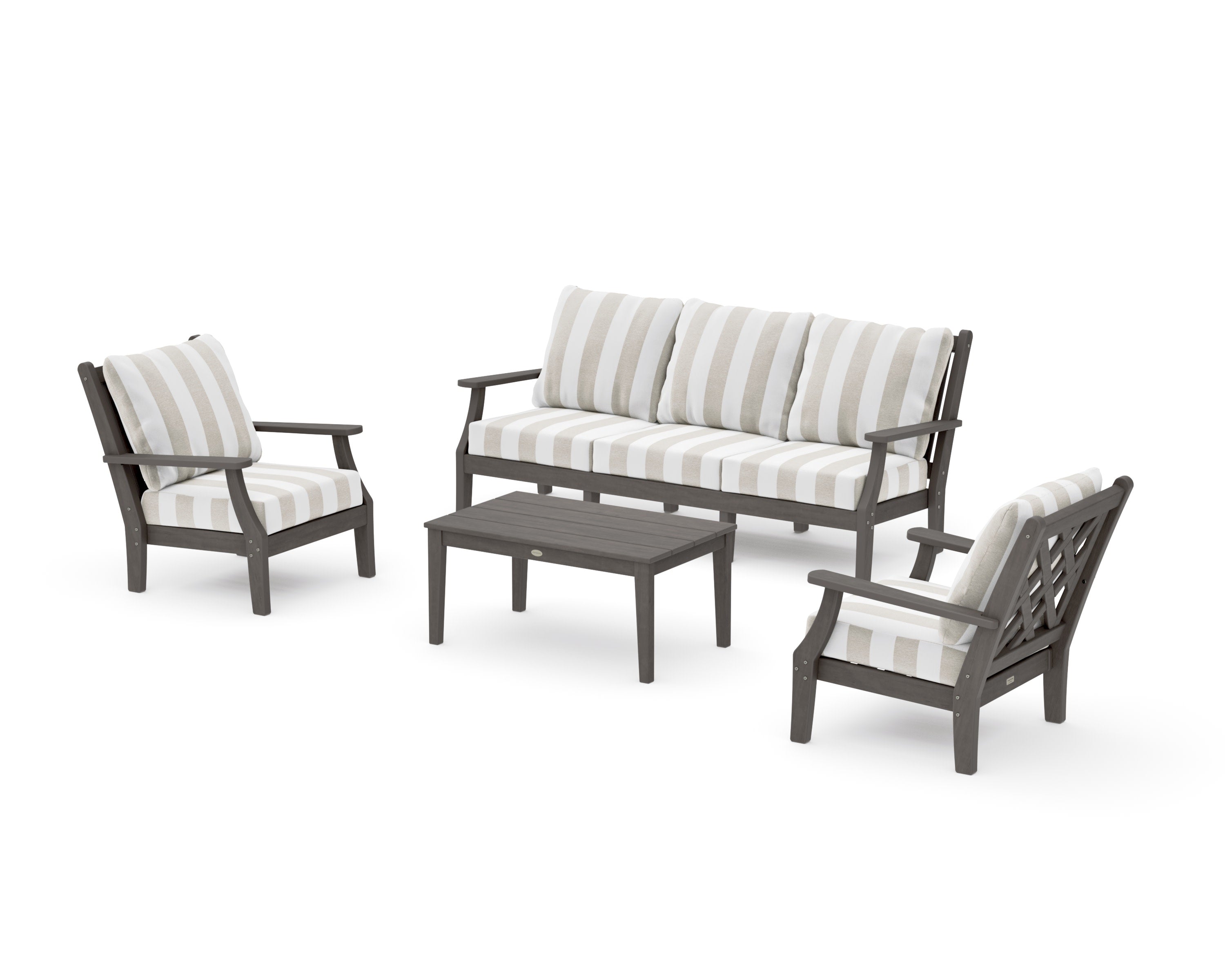 Wovendale 4-Piece Deep Seating Set with Sofa in Driftwood / Cabana Stripe Dune Burlap