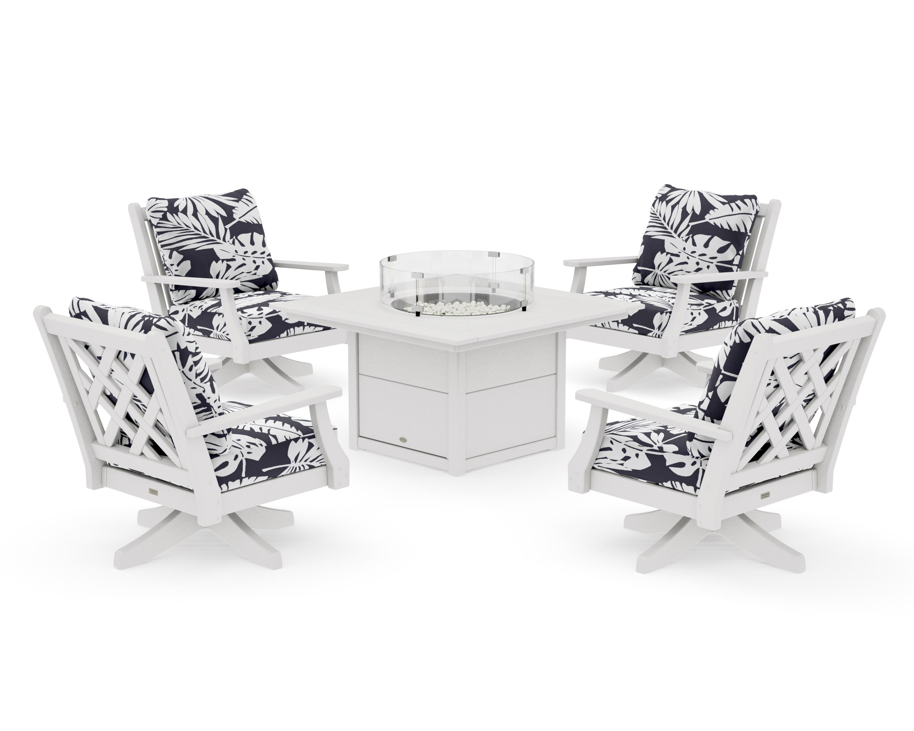 Wovendale 5-Piece Deep Seating Swivel Conversation Set with Fire Pit Table in Vintage White / Leaf Navy