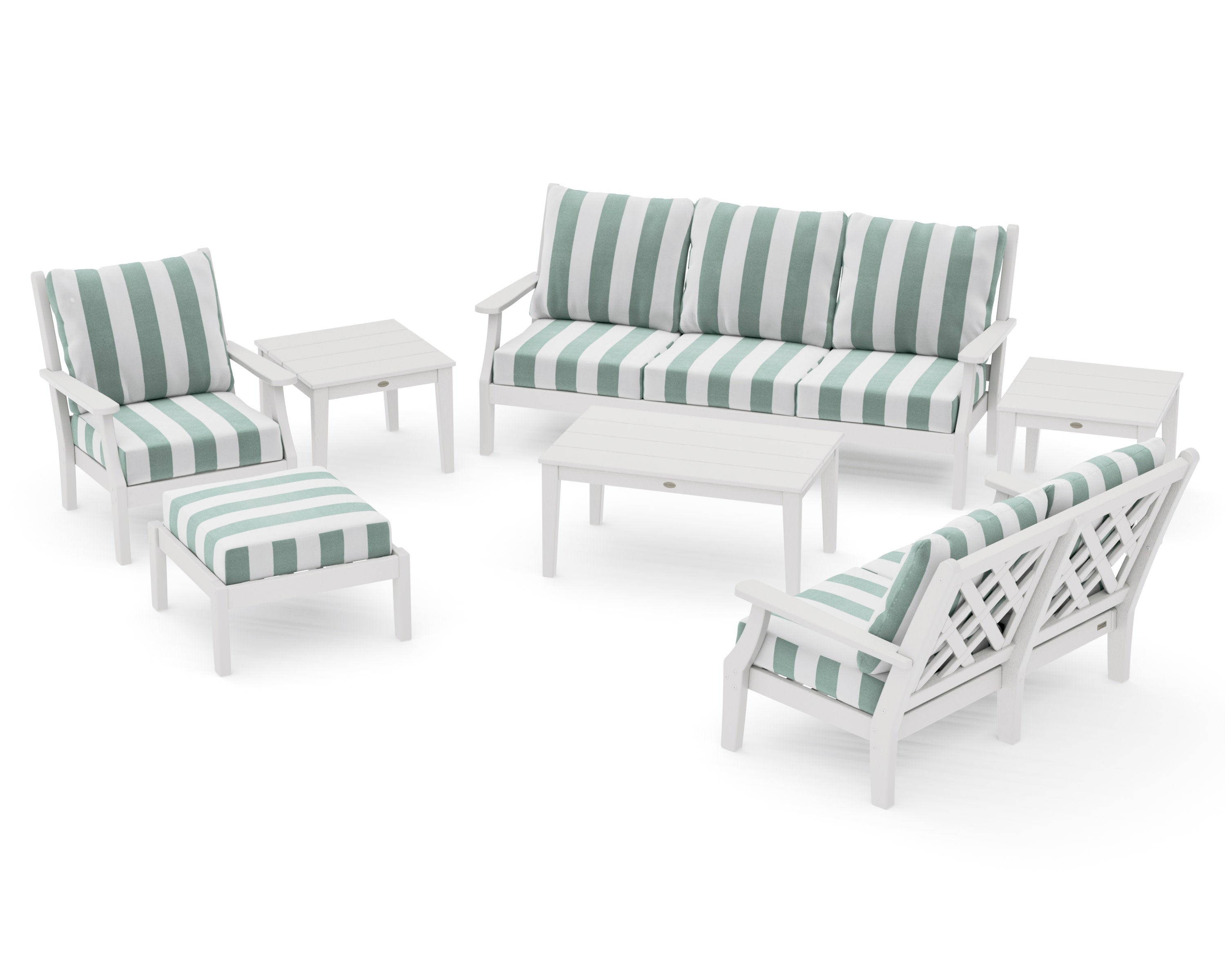 Wovendale 7-Piece Deep Seating Set in Vintage White / Cabana Stripe Glacier Spa