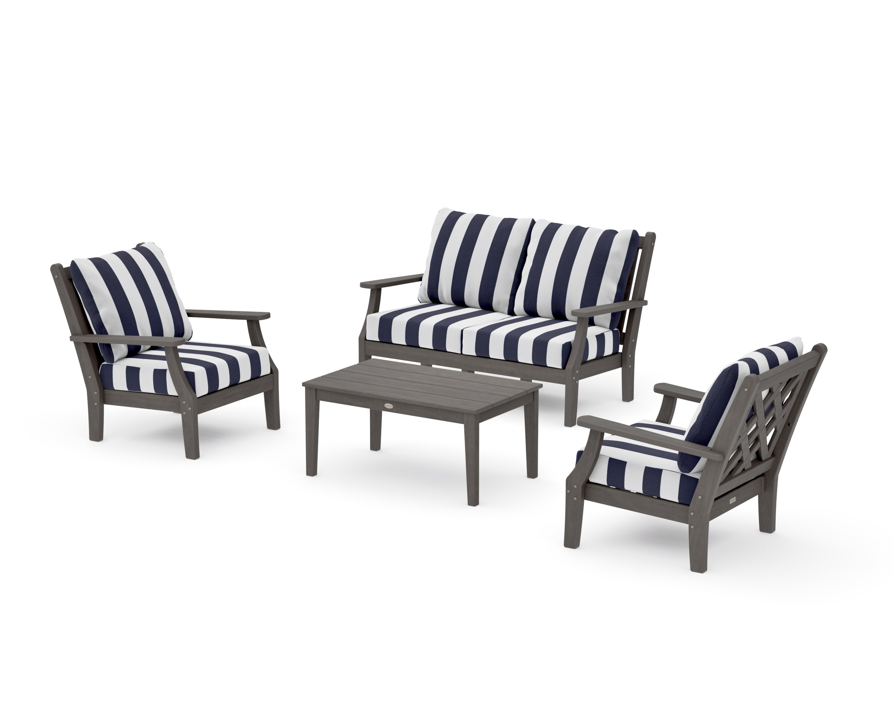 Wovendale 4-Piece Deep Seating Set with Loveseat in Driftwood / Cabana Stripe Navy