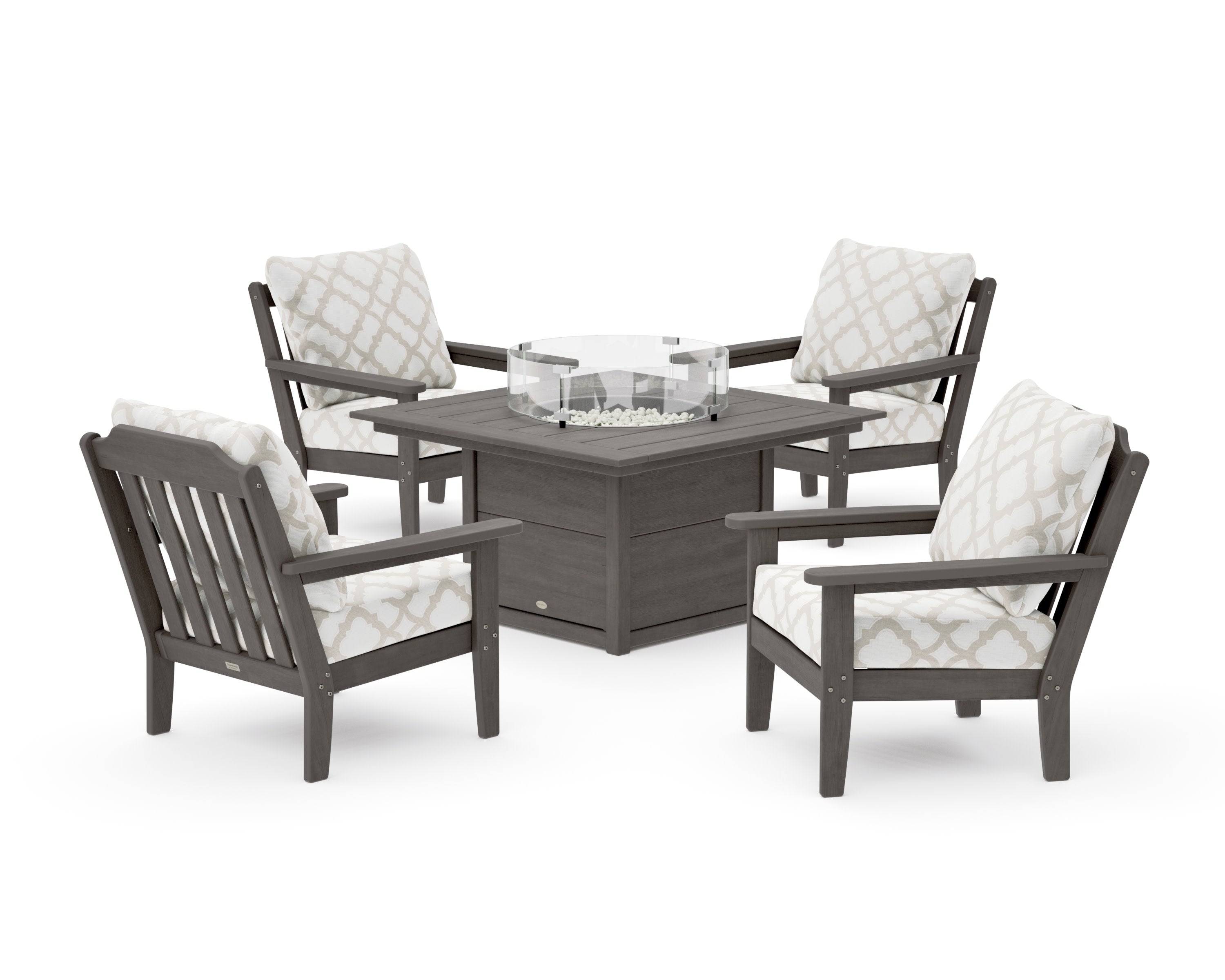 Cottage 5-Piece Deep Seating Set with Fire Pit Table in Driftwood / Trellis Dune Burlap