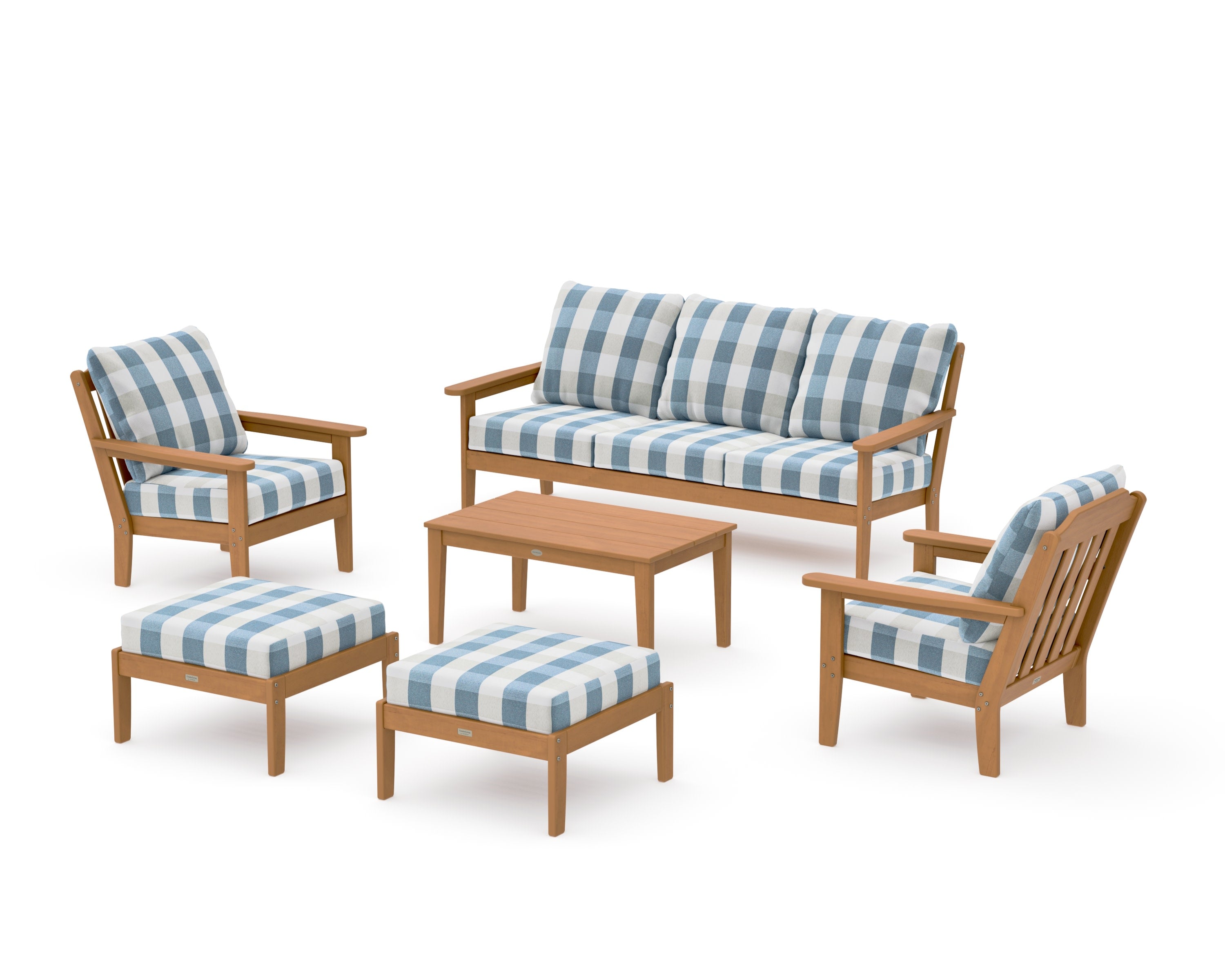 Cottage 6-Piece Lounge Sofa Set in Natural / Buffalo Plaid Sky Blue