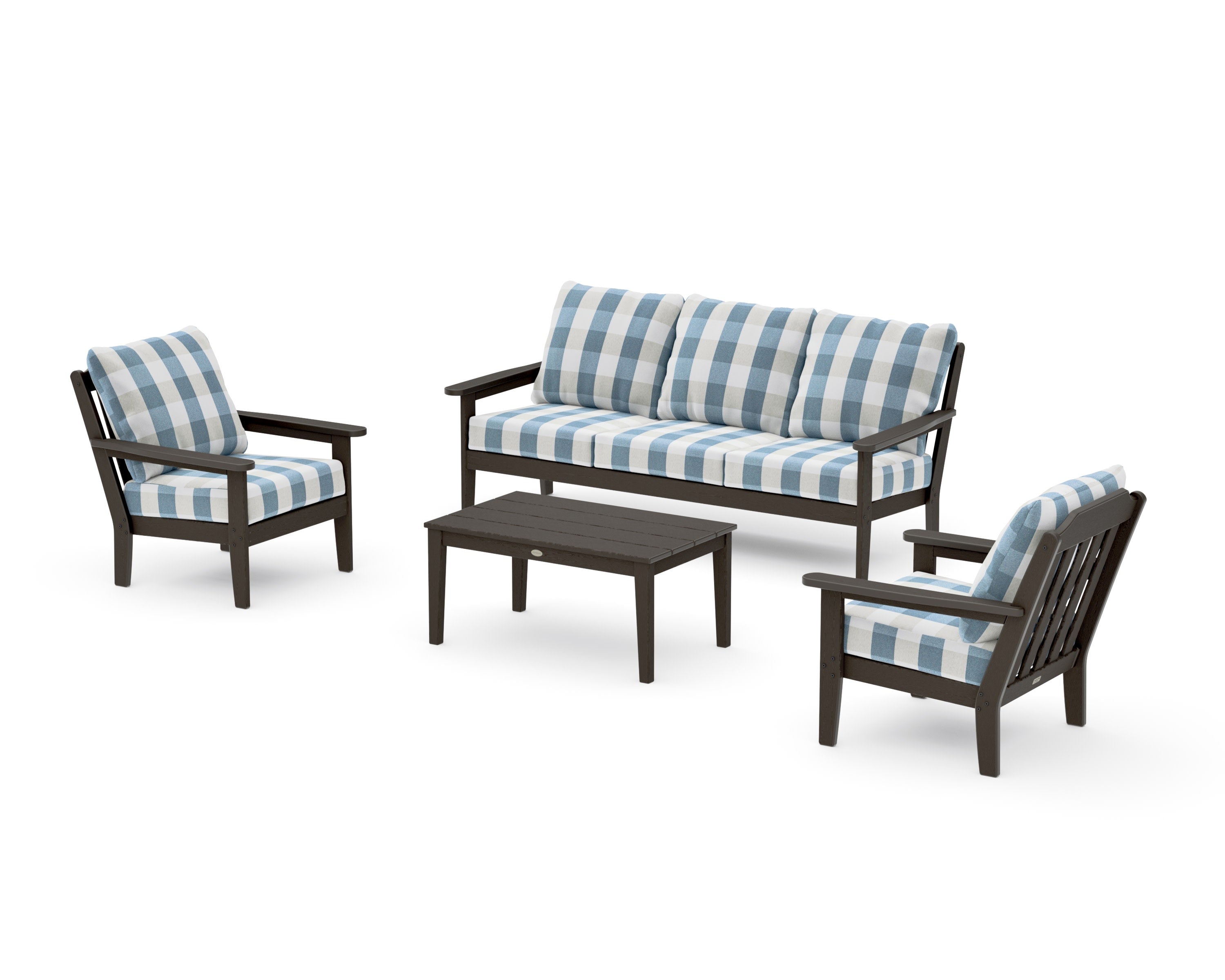 Cottage 4-Piece Deep Seating Set with Sofa in Vintage Coffee / Buffalo Plaid Sky Blue