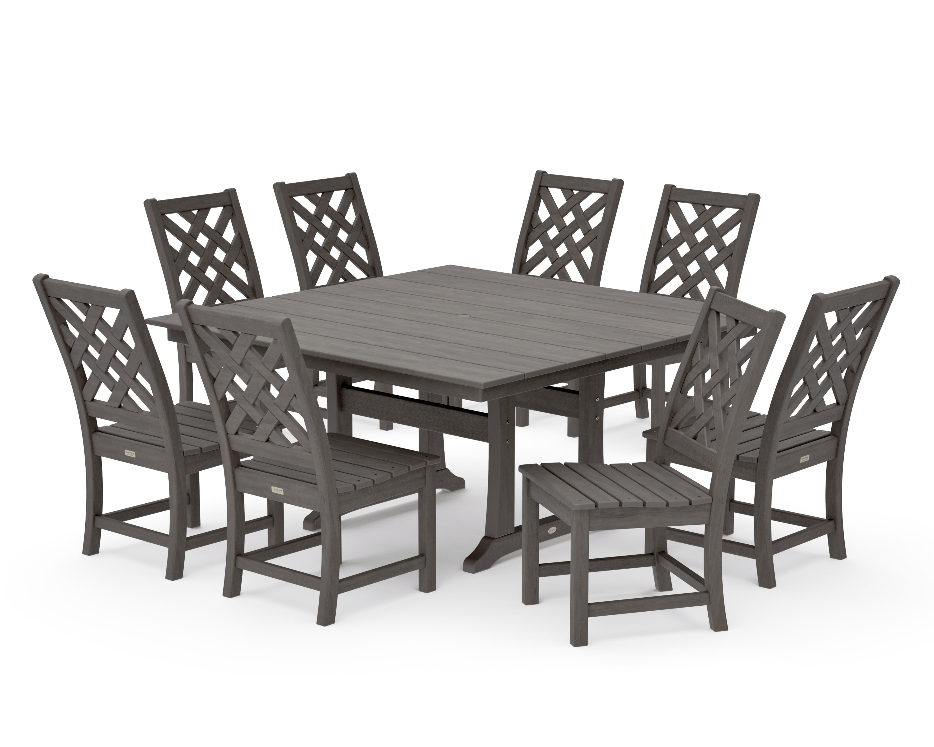 Wovendale Side Chair 9-Piece Square Farmhouse Dining Set with Trestle Legs in Driftwood