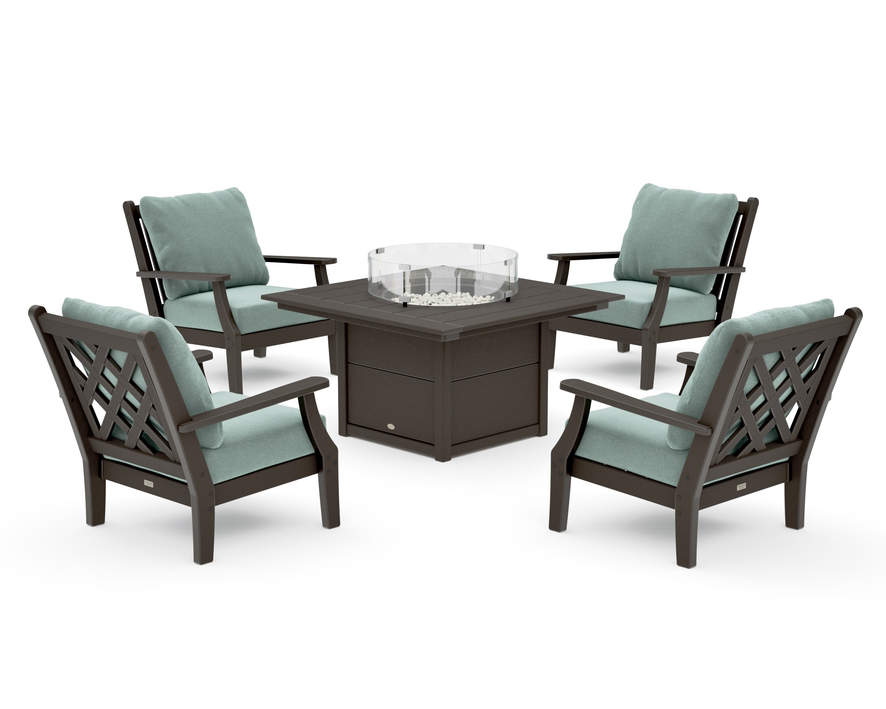 Wovendale 5-Piece Deep Seating Set with Fire Pit Table in Vintage Coffee / Glacier Spa
