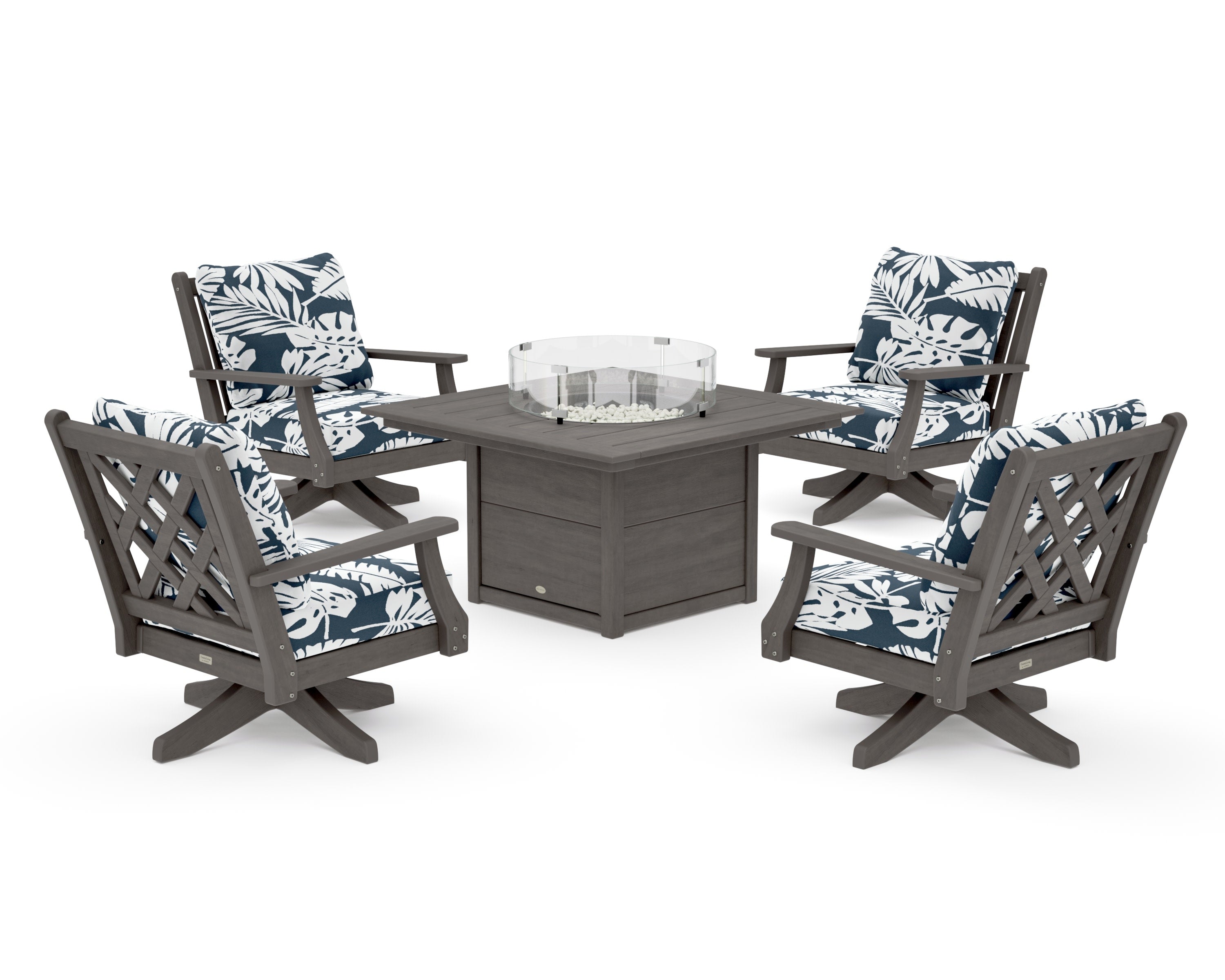 Wovendale 5-Piece Deep Seating Swivel Conversation Set with Fire Pit Table in Driftwood / Leaf Marine Indigo