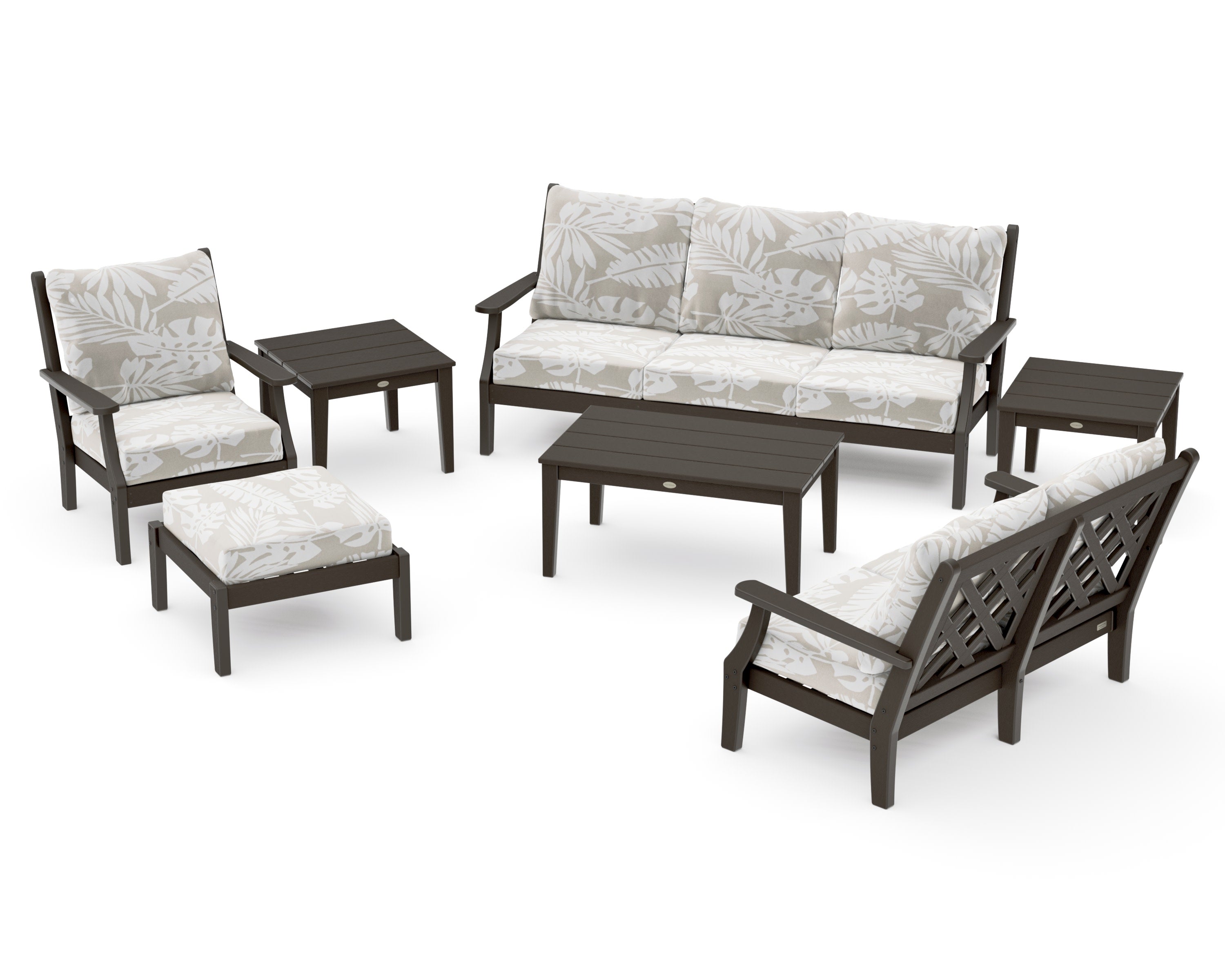 Wovendale 7-Piece Deep Seating Set in Vintage Coffee / Leaf Dune Burlap