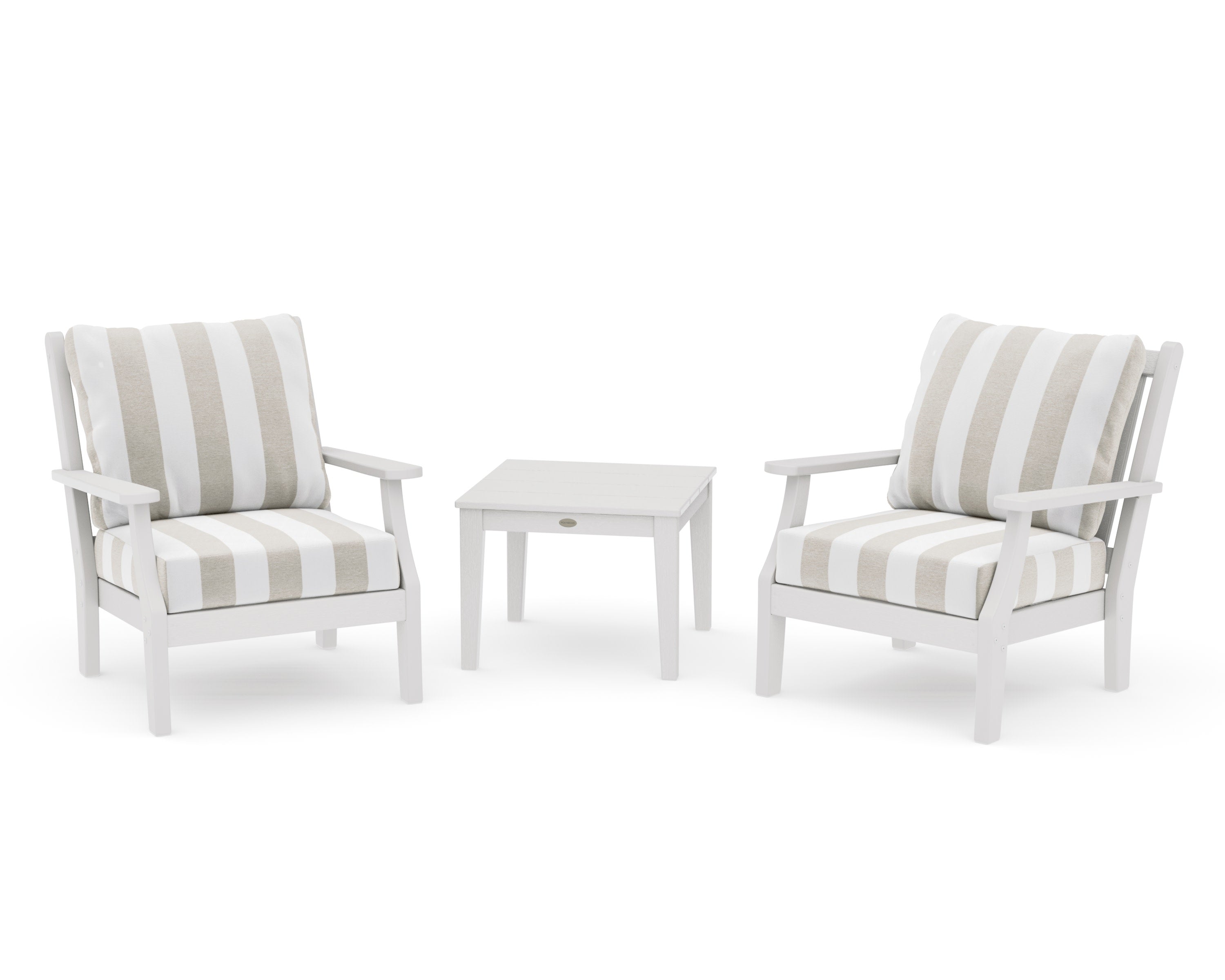 Wovendale 3-Piece Deep Seating Set in Vintage White / Cabana Stripe Dune Burlap