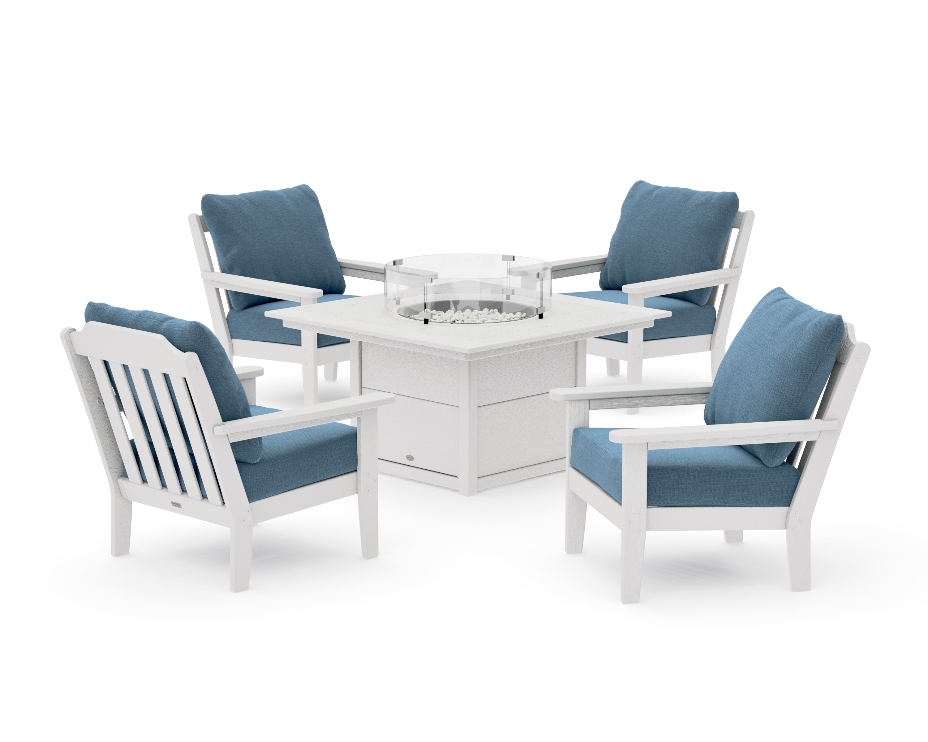 Cottage 5-Piece Deep Seating Set with Fire Pit Table in Vintage White / Sky Blue