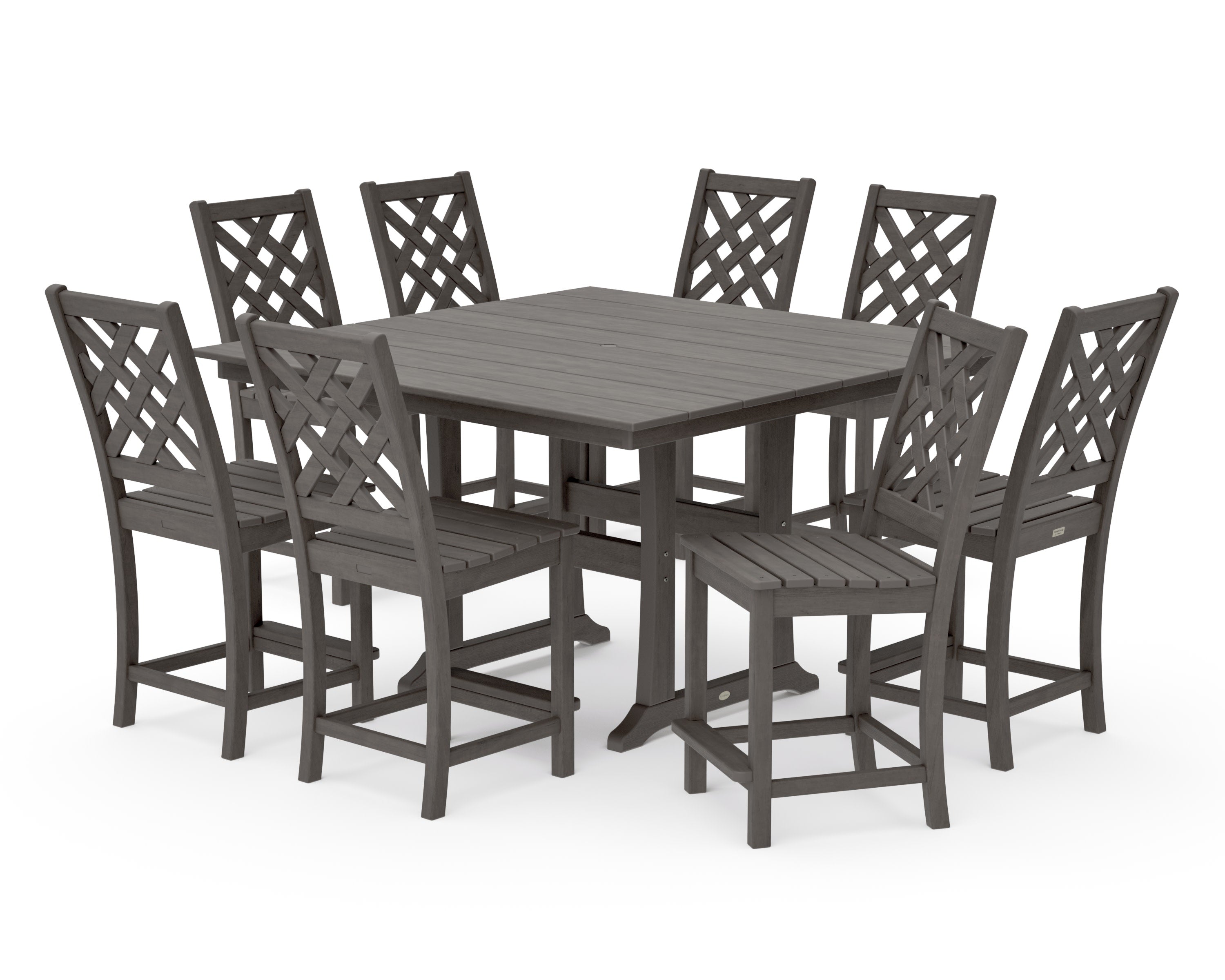Wovendale Side Chair 9-Piece Square Farmhouse Counter Set with Trestle Legs in Driftwood