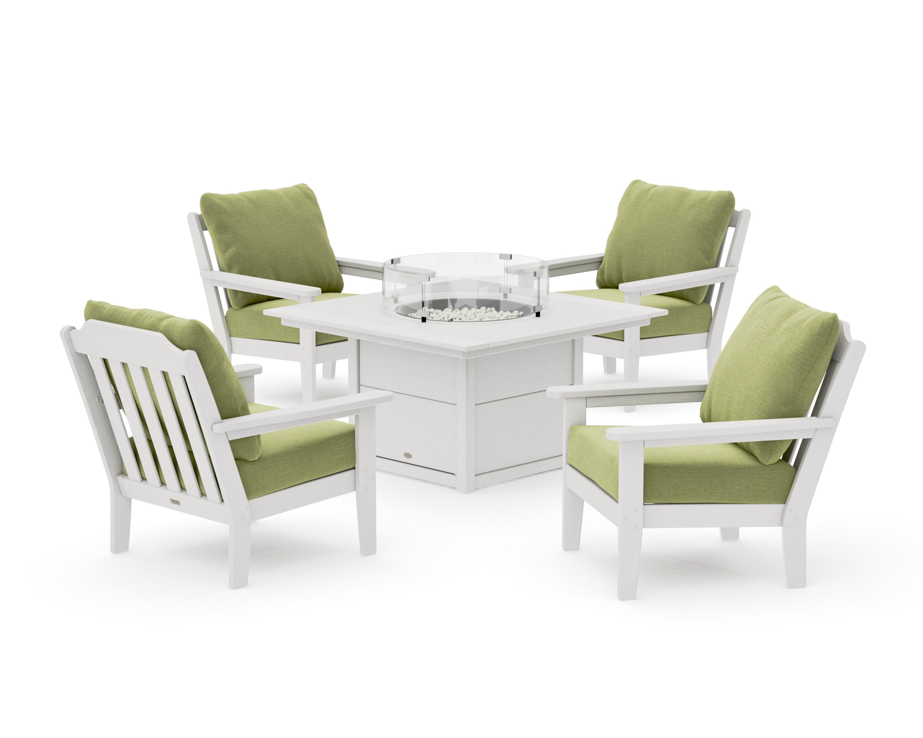 Cottage 5-Piece Deep Seating Set with Fire Pit Table in Vintage White / Chartreuse Boucle