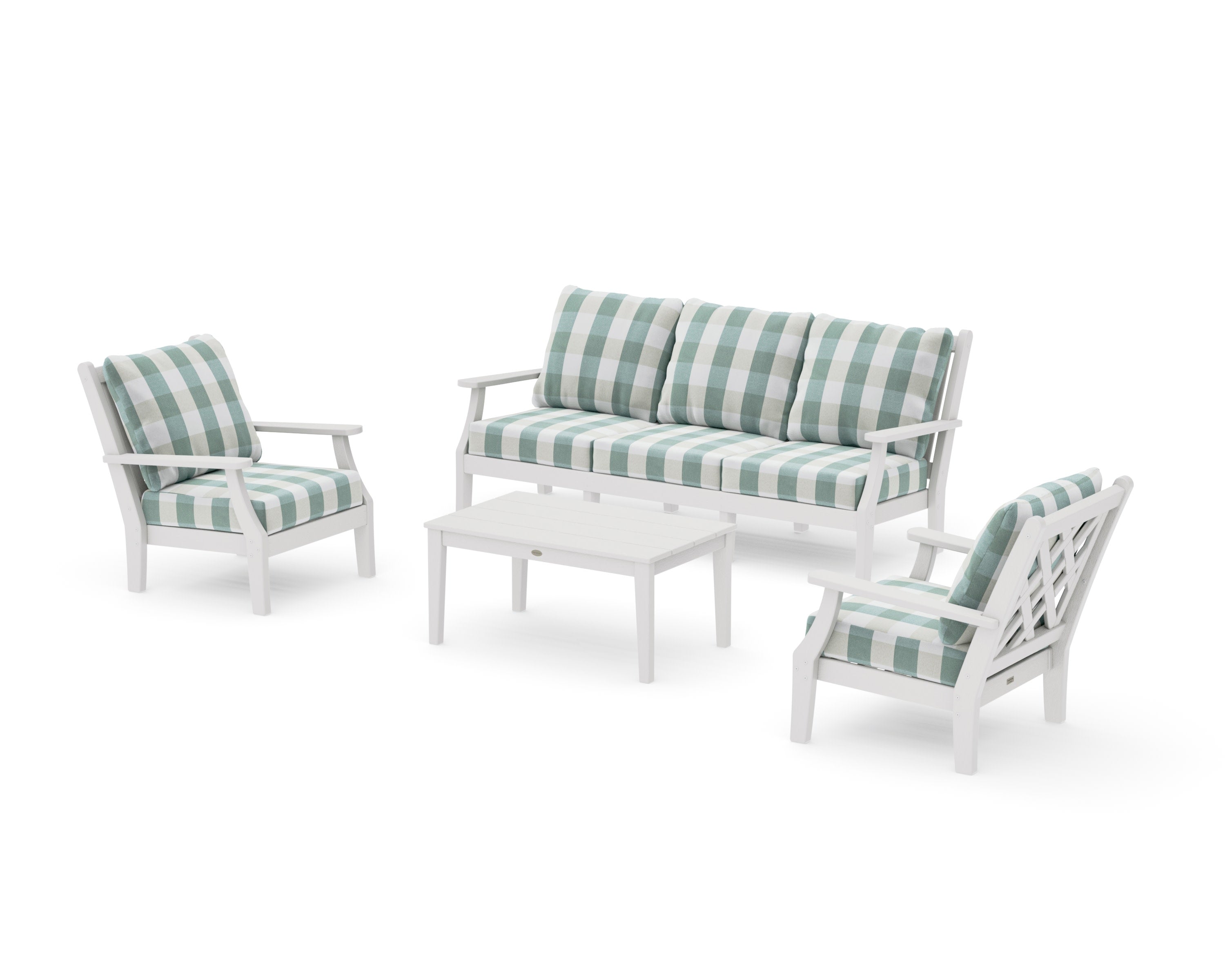 Wovendale 4-Piece Deep Seating Set with Sofa in Vintage White / Buffalo Plaid Glacier Spa