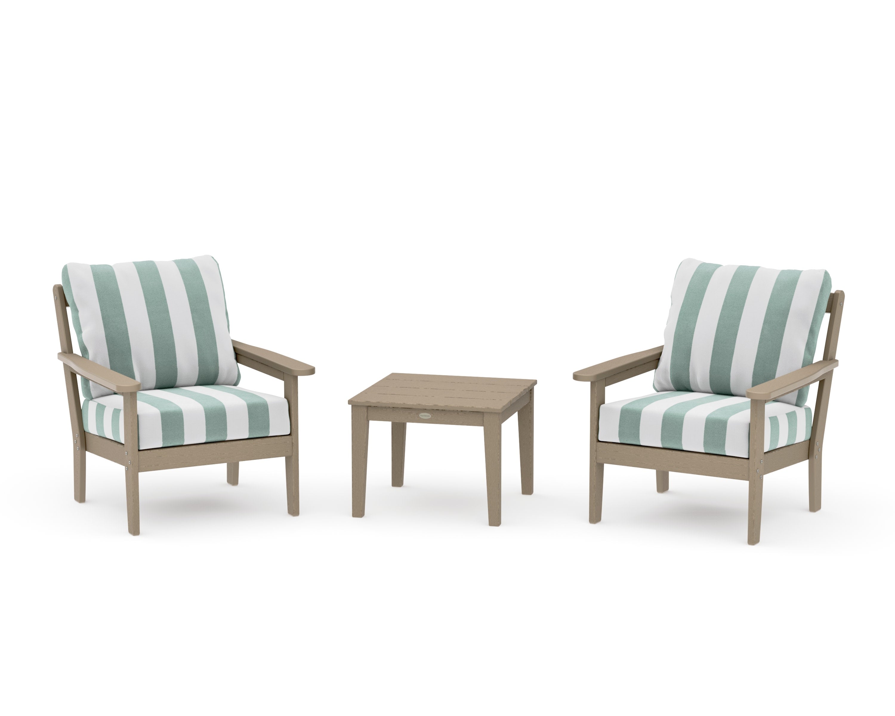 Cottage 3-Piece Deep Seating Set in Vintage Sahara / Cabana Stripe Glacier Spa