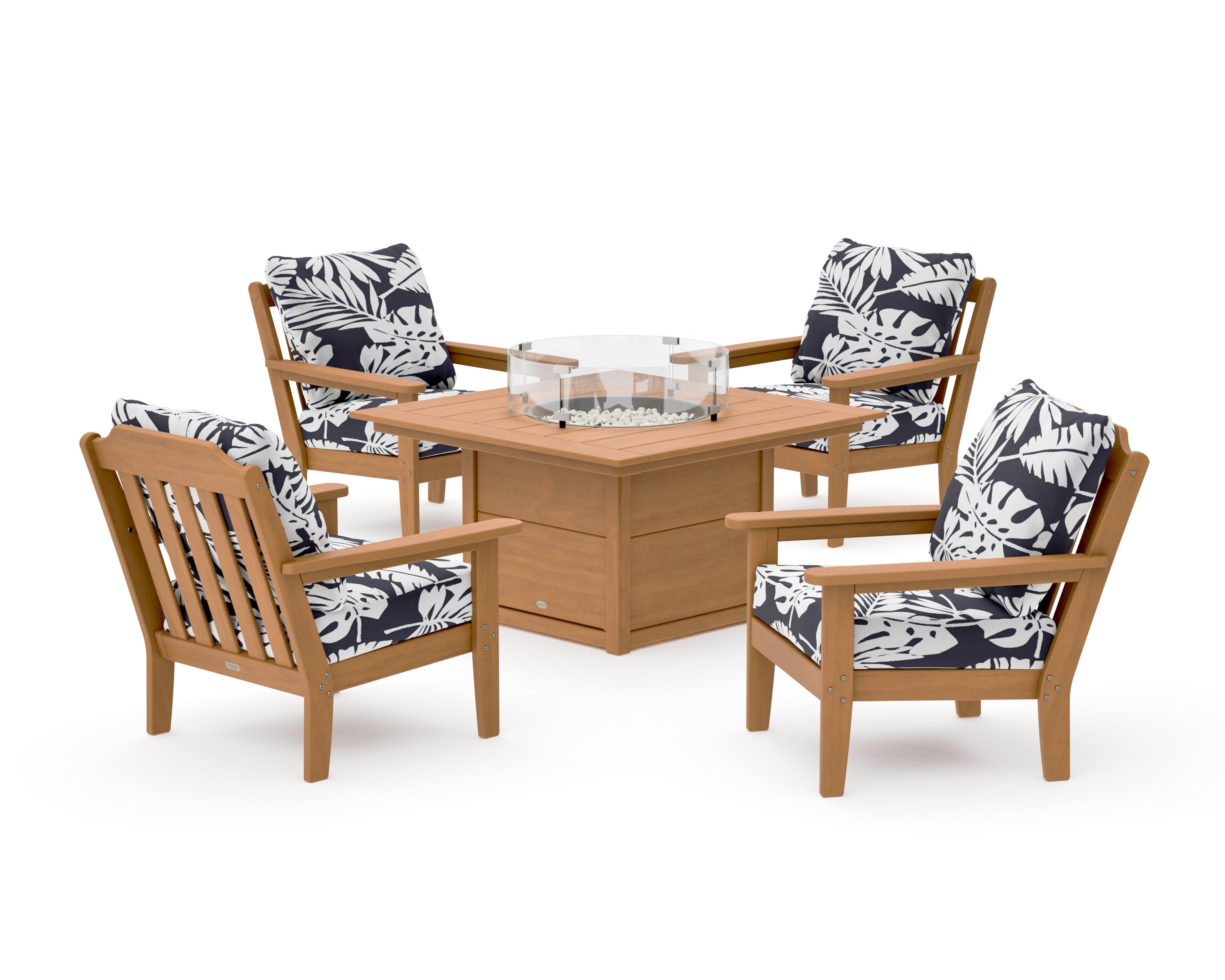 Cottage 5-Piece Deep Seating Set with Fire Pit Table in Natural / Leaf Navy