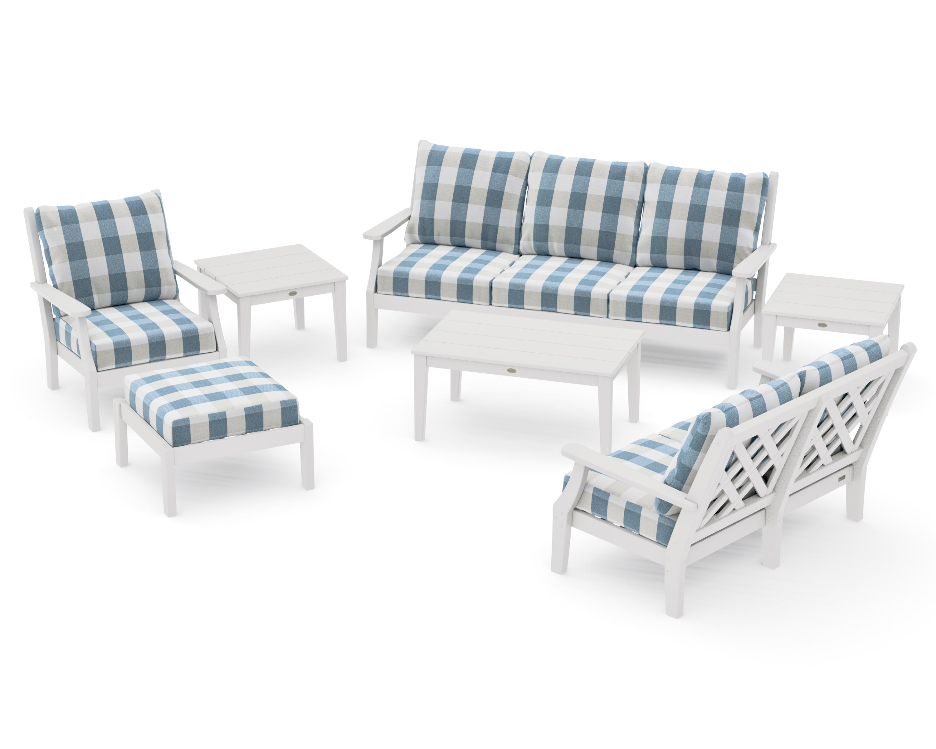 Wovendale 7-Piece Deep Seating Set in Vintage White / Buffalo Plaid Sky Blue