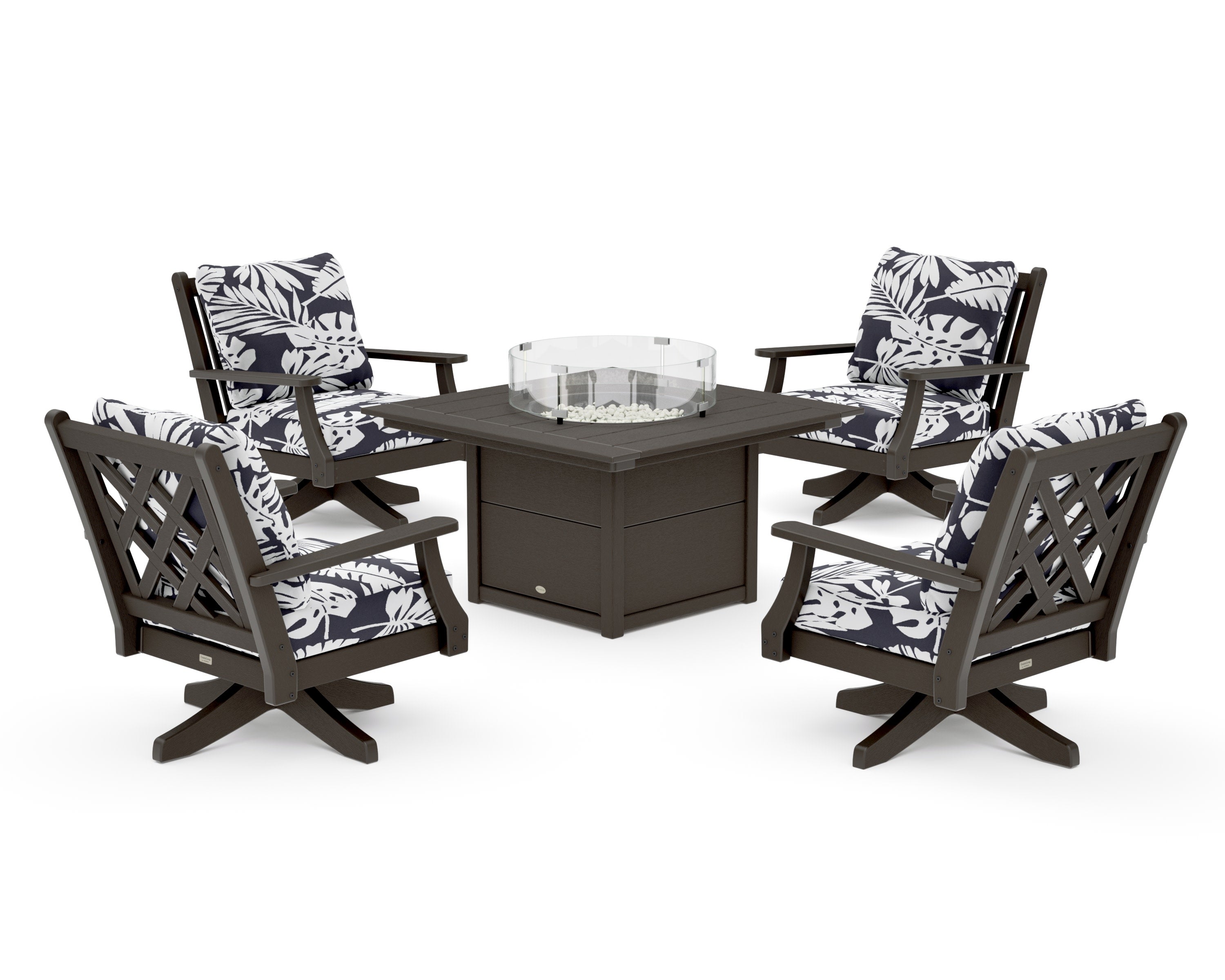 Wovendale 5-Piece Deep Seating Swivel Conversation Set with Fire Pit Table in Vintage Coffee / Leaf Navy