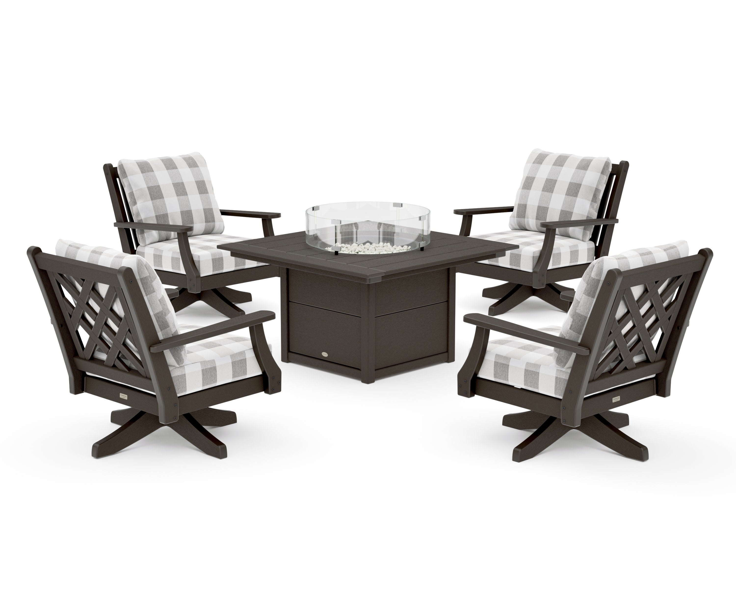 Wovendale 5-Piece Deep Seating Swivel Conversation Set with Fire Pit Table in Vintage Coffee / Buffalo Plaid Grey Mist