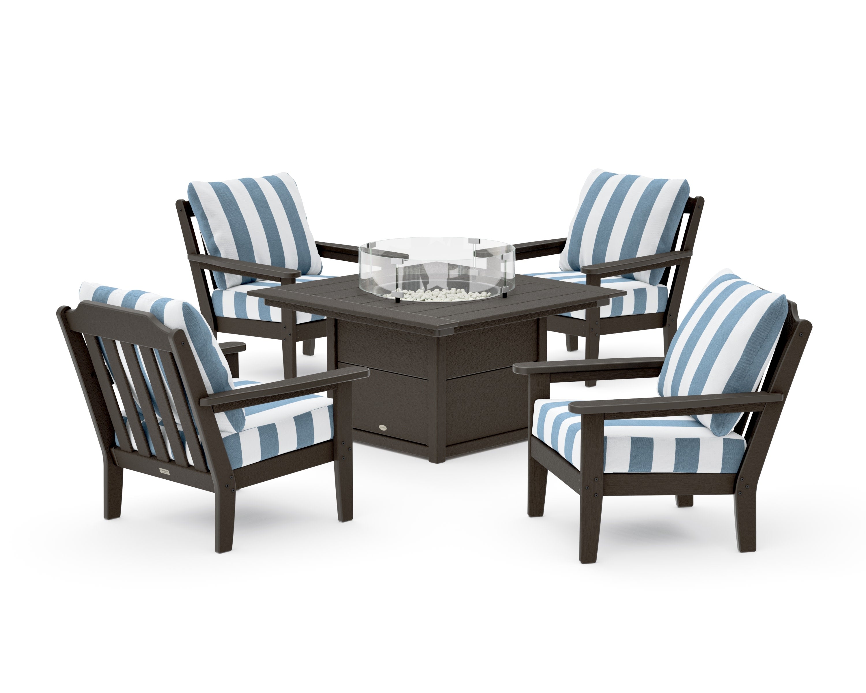Cottage 5-Piece Deep Seating Set with Fire Pit Table in Vintage Coffee / Cabana Stripe Sky Blue