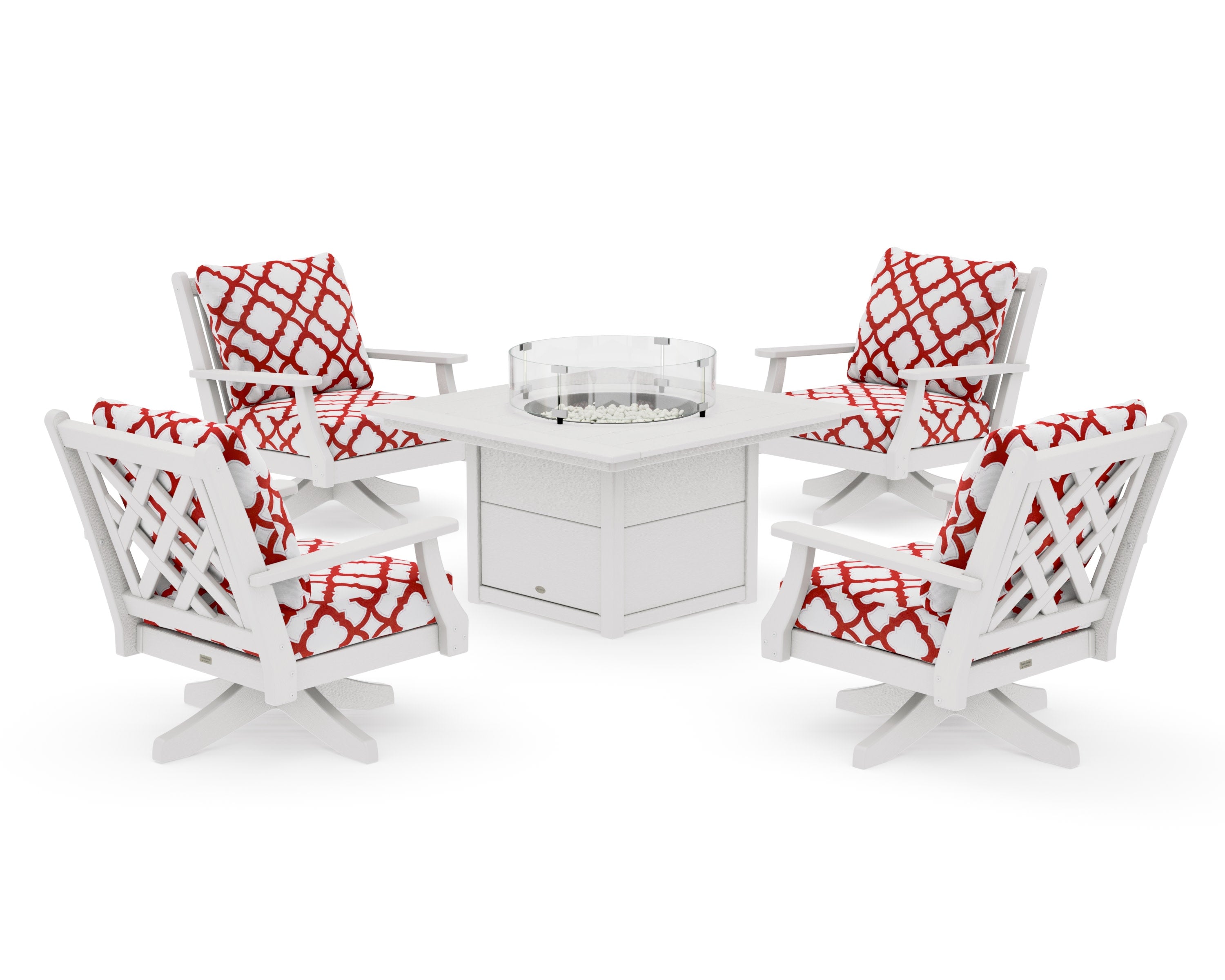 Wovendale 5-Piece Deep Seating Swivel Conversation Set with Fire Pit Table in Vintage White / Trellis Crimson
