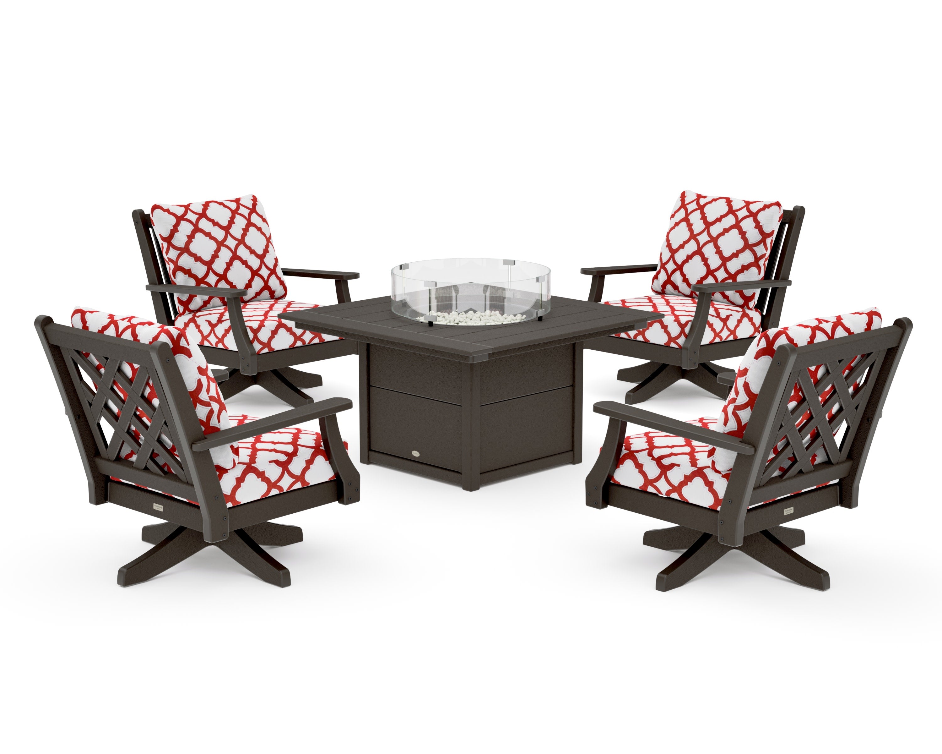 Wovendale 5-Piece Deep Seating Swivel Conversation Set with Fire Pit Table in Vintage Coffee / Trellis Crimson
