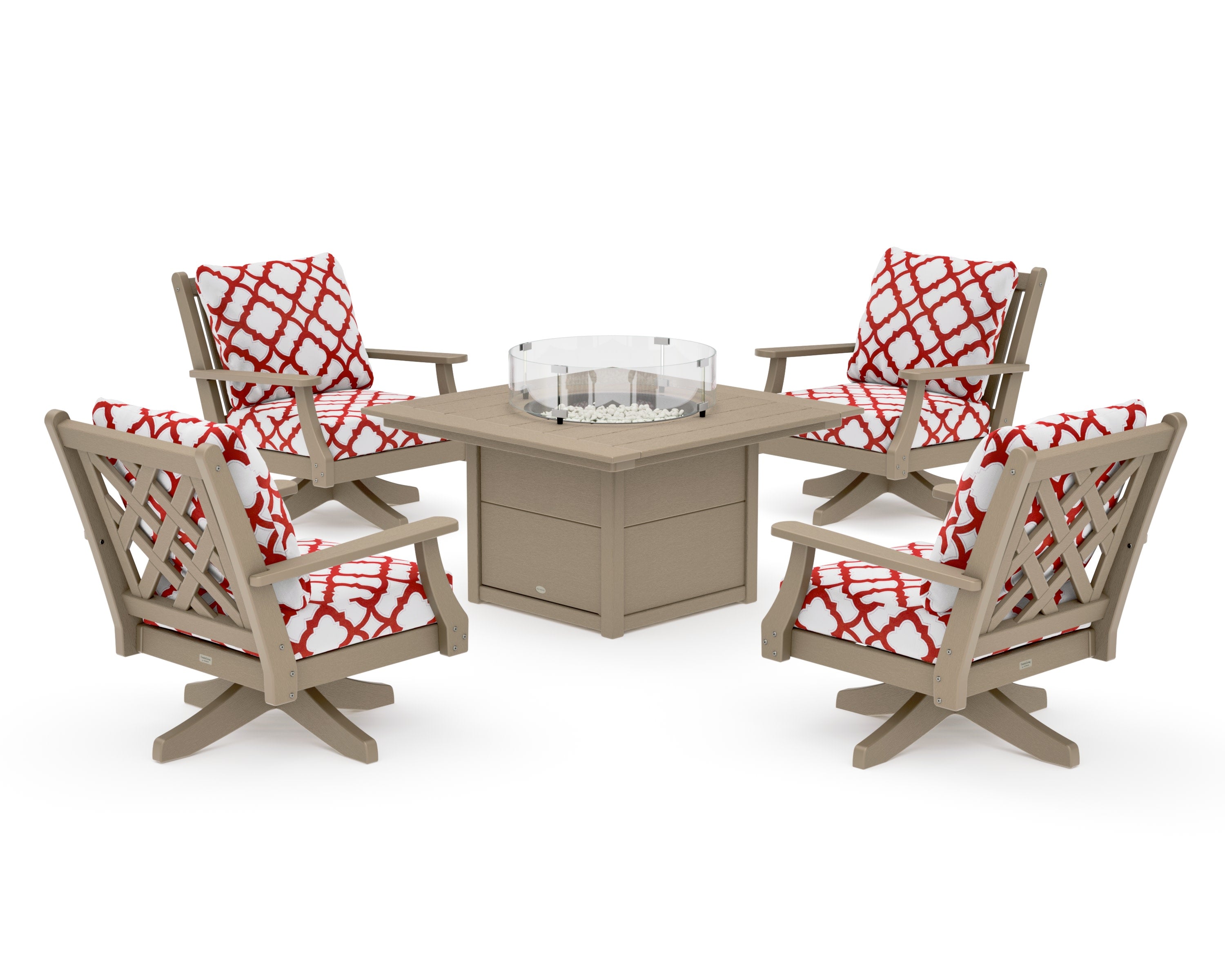 Wovendale 5-Piece Deep Seating Swivel Conversation Set with Fire Pit Table in Vintage Sahara / Trellis Crimson