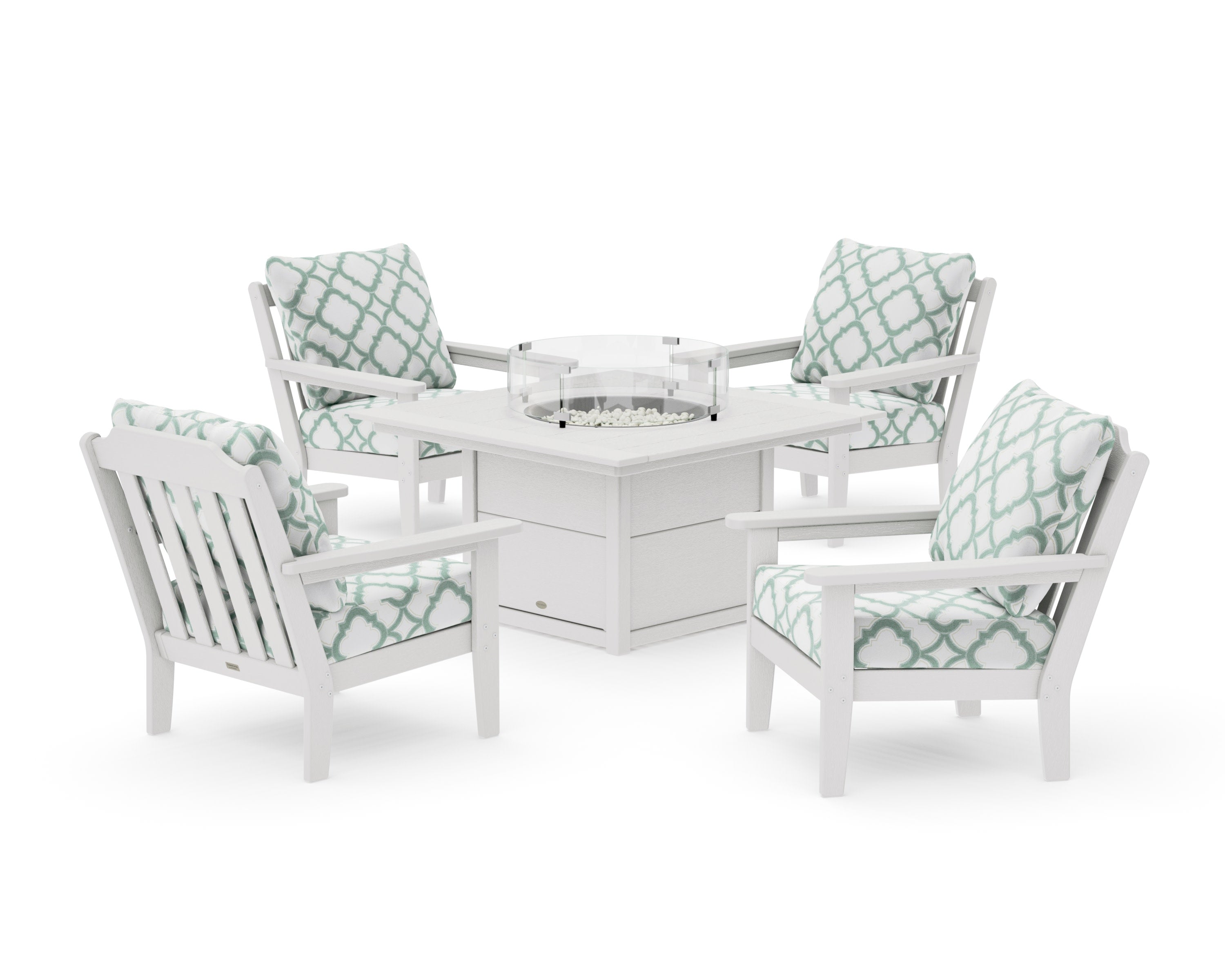Cottage 5-Piece Deep Seating Set with Fire Pit Table in Vintage White / Trellis Glacier Spa