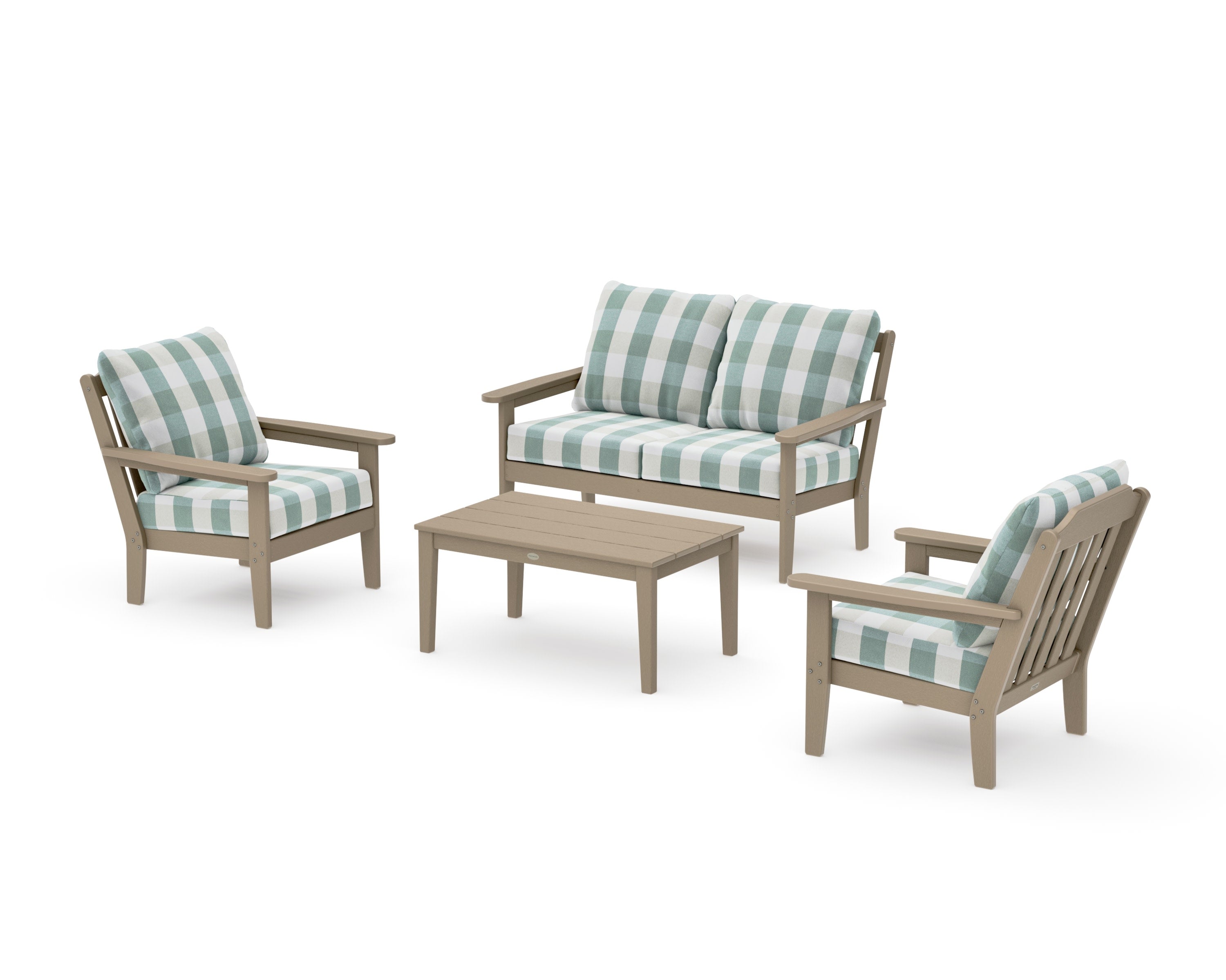 Cottage 4-Piece Deep Seating Set with Loveseat in Vintage Sahara / Buffalo Plaid Glacier Spa