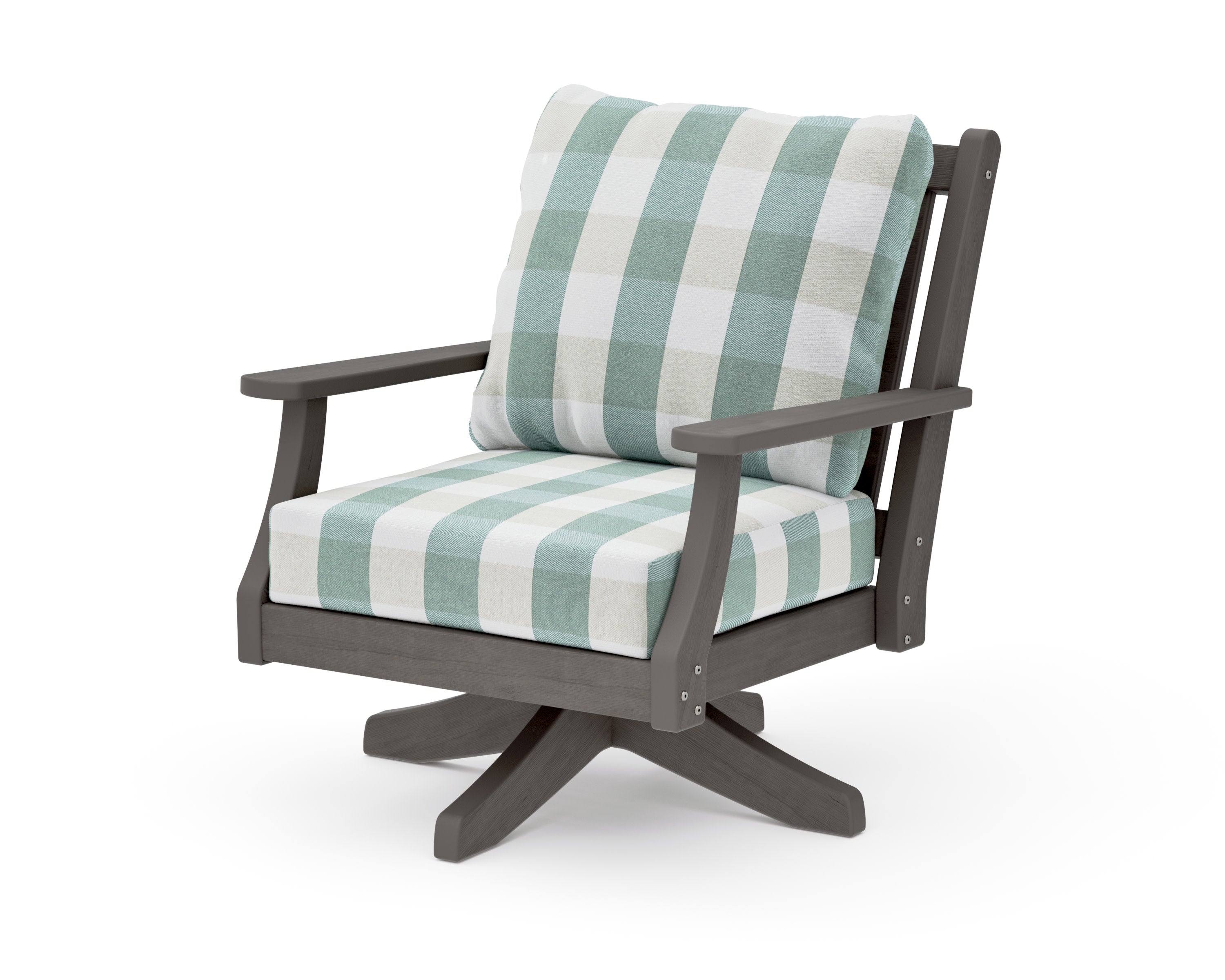 Wovendale Deep Seating Swivel Chair in Driftwood / Buffalo Plaid Glacier Spa