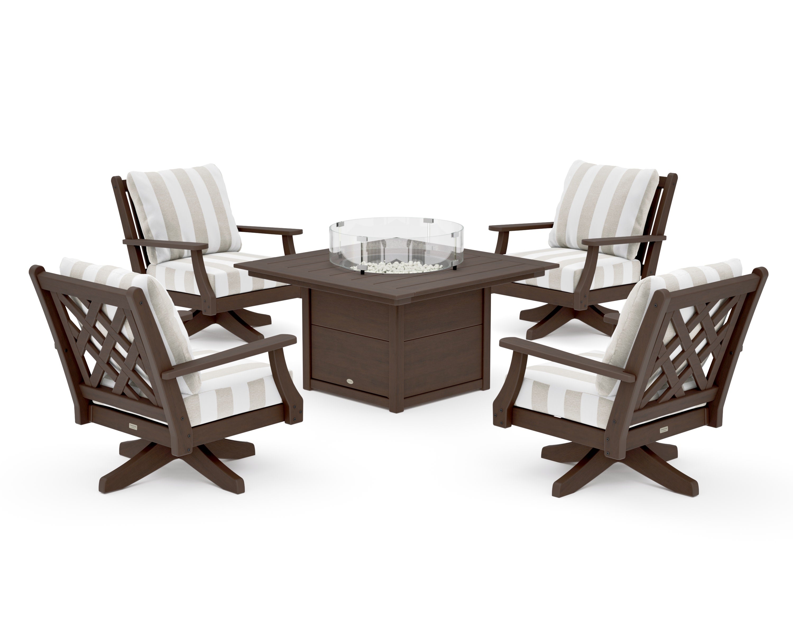 Wovendale 5-Piece Deep Seating Swivel Conversation Set with Fire Pit Table in Kona / Cabana Stripe Dune Burlap