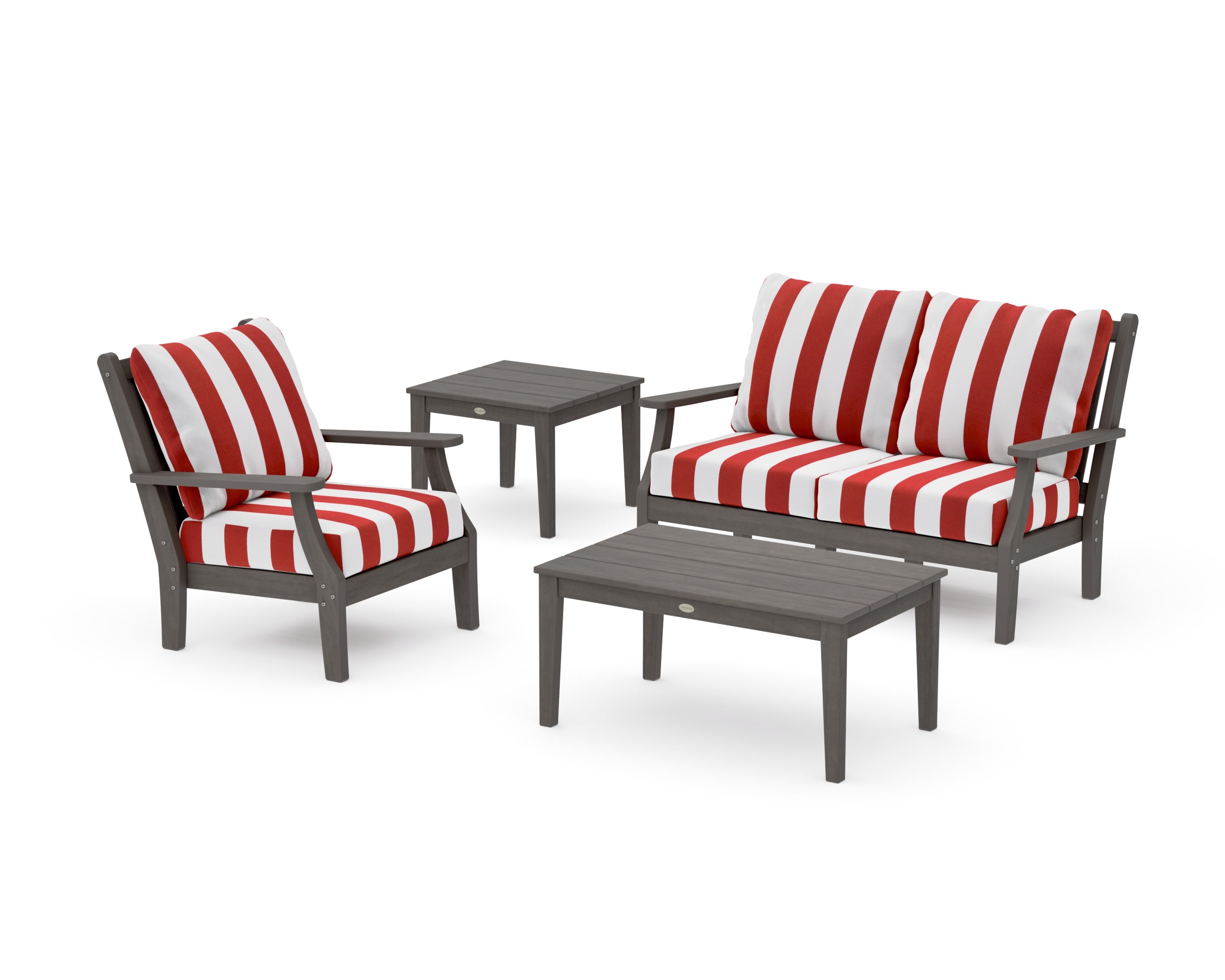 Wovendale 4-Piece Deep Seating Set in Driftwood / Cabana Stripe Crimson