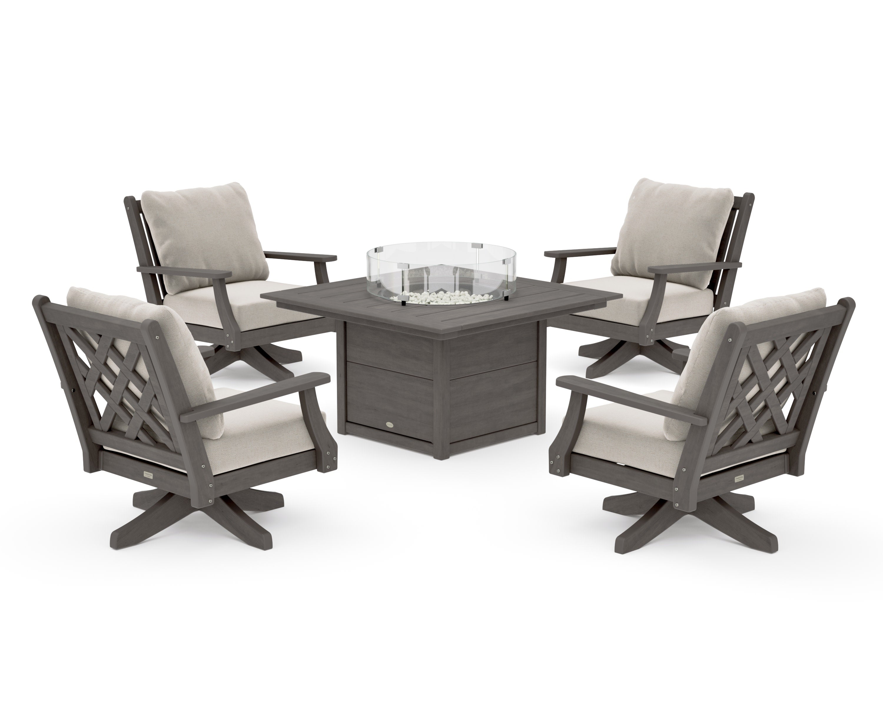 Wovendale 5-Piece Deep Seating Swivel Conversation Set with Fire Pit Table in Driftwood / Dune Burlap