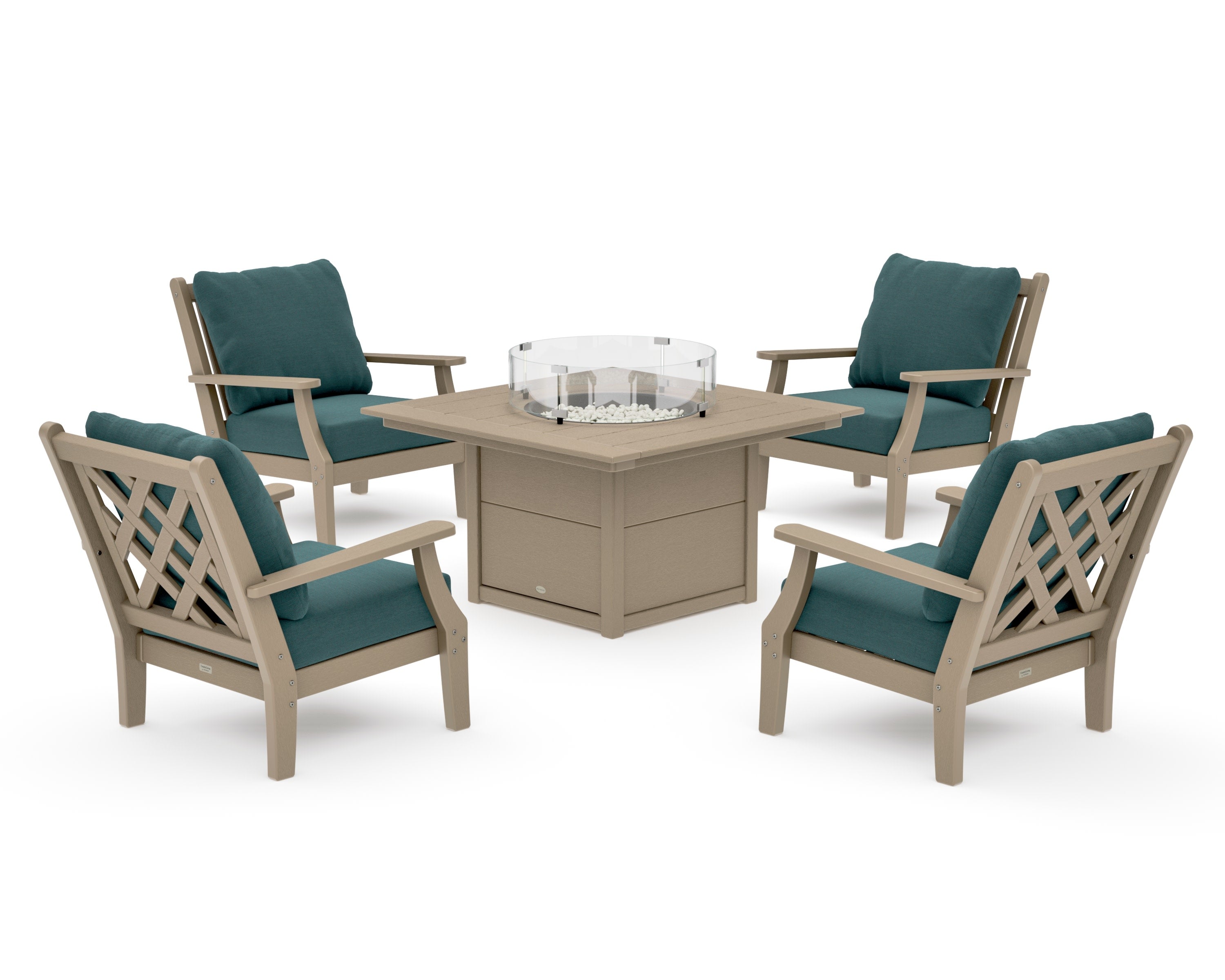 Wovendale 5-Piece Deep Seating Set with Fire Pit Table in Vintage Sahara / Ocean Teal