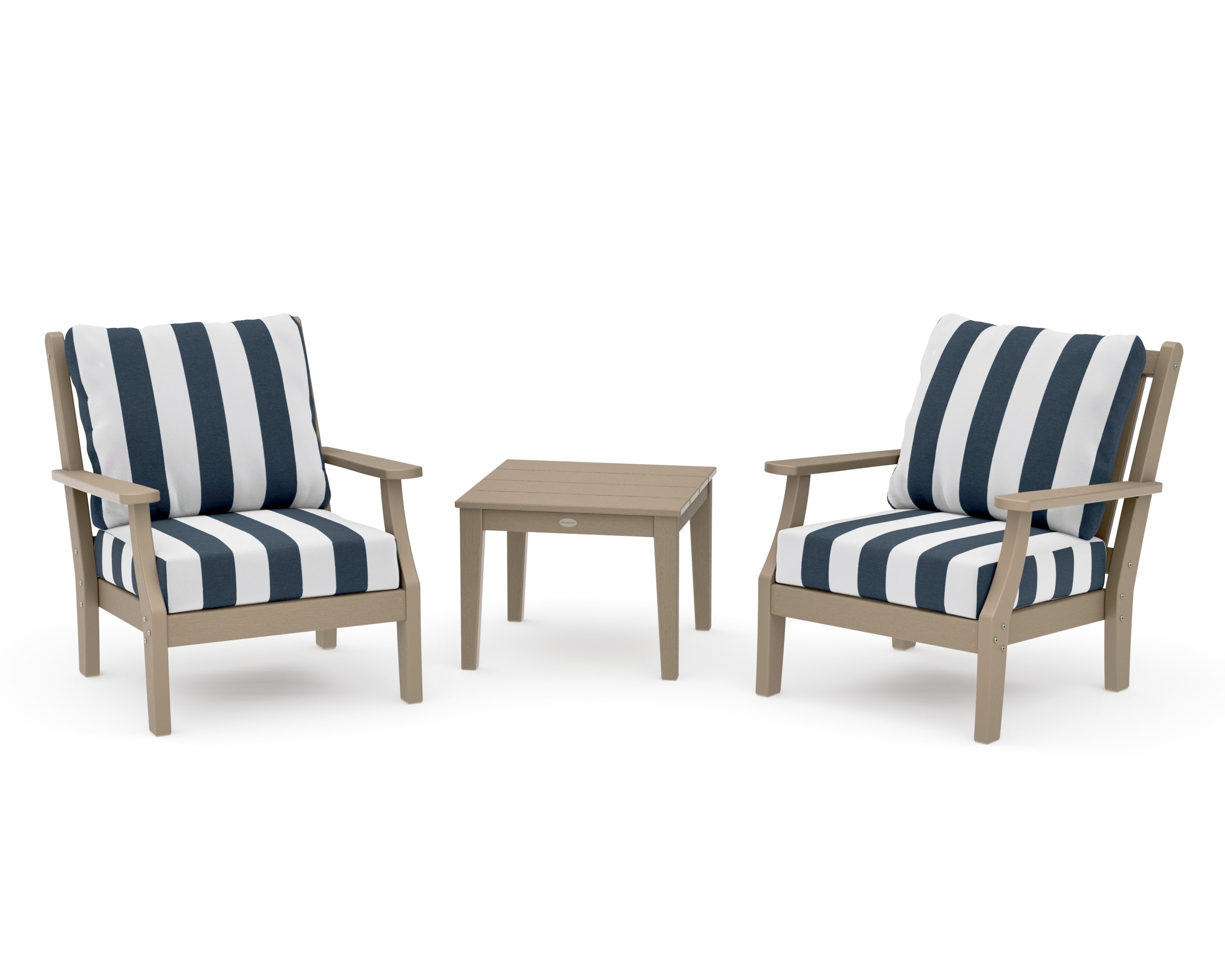 Wovendale 3-Piece Deep Seating Set in Vintage Sahara / Cabana Stripe Marine Indigo