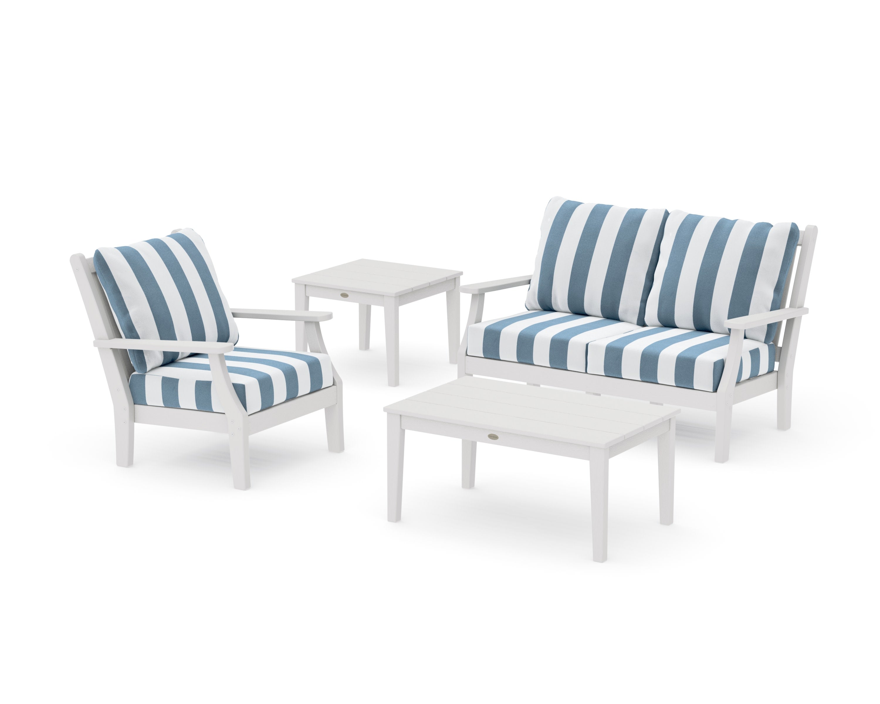 Wovendale 4-Piece Deep Seating Set in Vintage White / Cabana Stripe Sky Blue