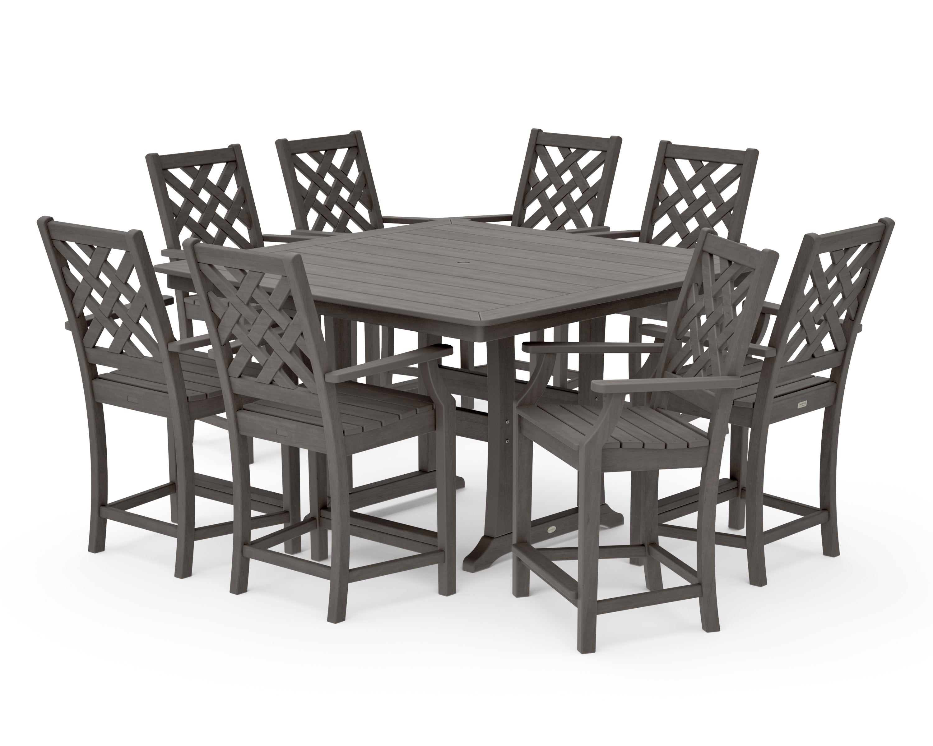 Wovendale 9-Piece Square Counter Set with Trestle Legs in Driftwood