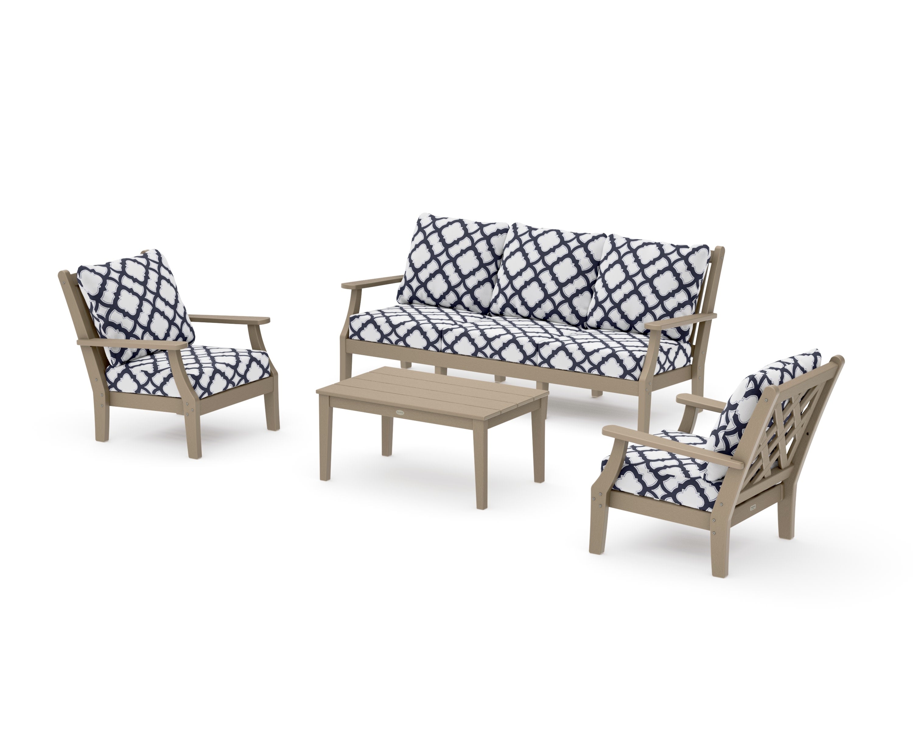 Wovendale 4-Piece Deep Seating Set with Sofa in Vintage Sahara / Trellis Navy