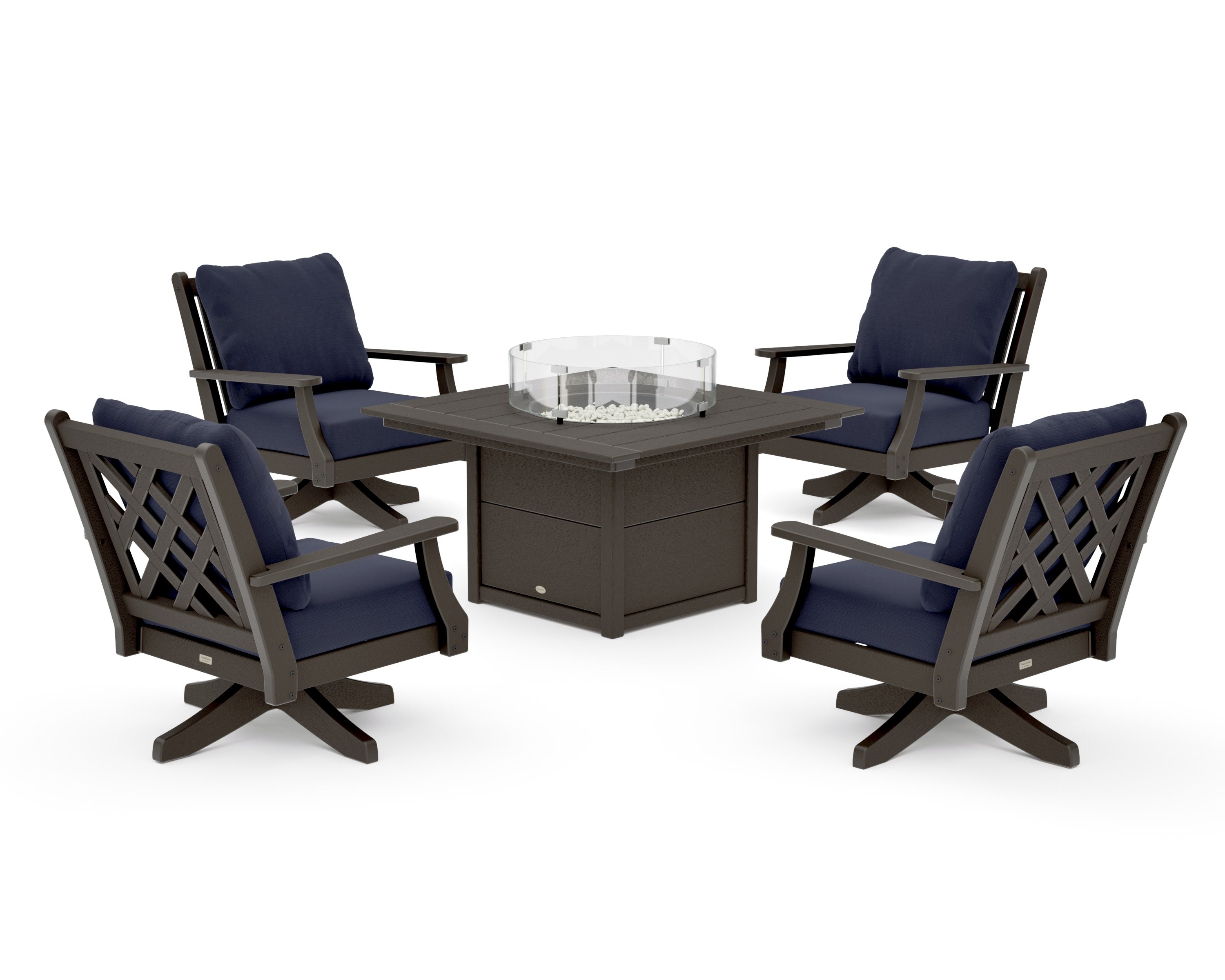 Wovendale 5-Piece Deep Seating Swivel Conversation Set with Fire Pit Table in Vintage Coffee / Navy Linen