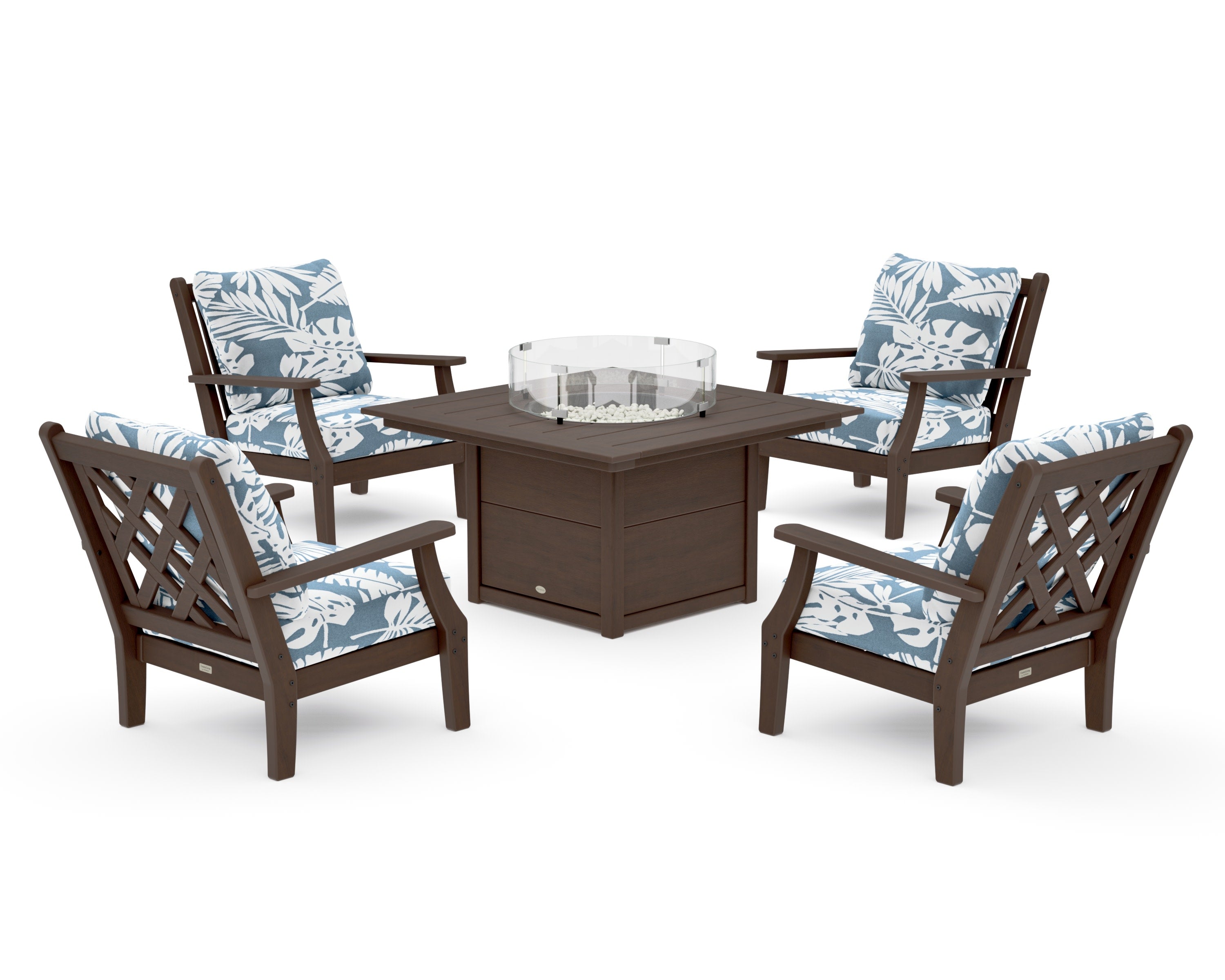 Wovendale 5-Piece Deep Seating Set with Fire Pit Table in Kona / Leaf Sky Blue