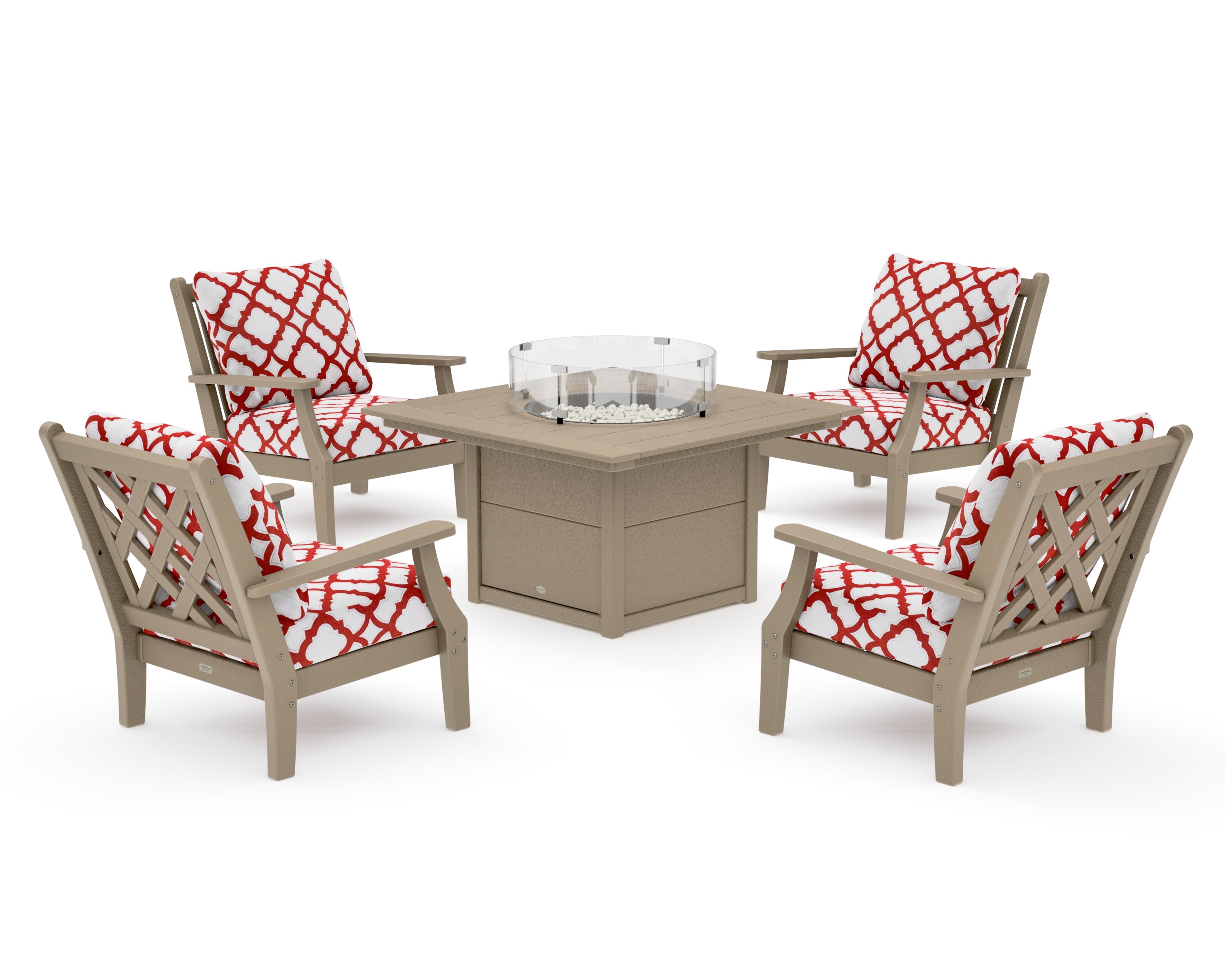 Wovendale 5-Piece Deep Seating Set with Fire Pit Table in Vintage Sahara / Trellis Crimson