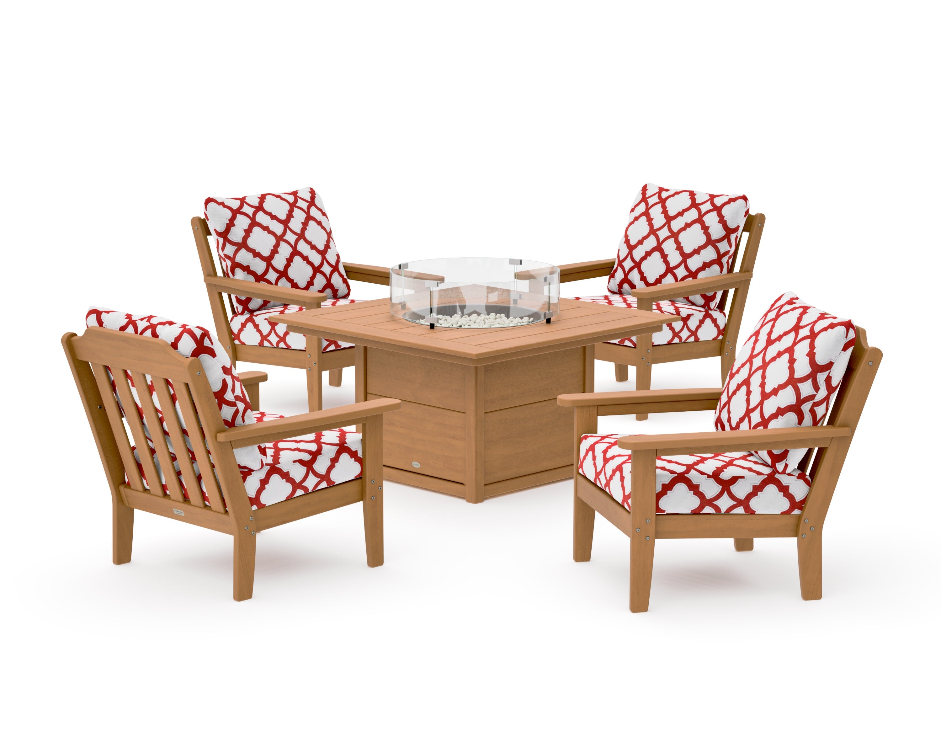 Cottage 5-Piece Deep Seating Set with Fire Pit Table in Natural / Trellis Crimson