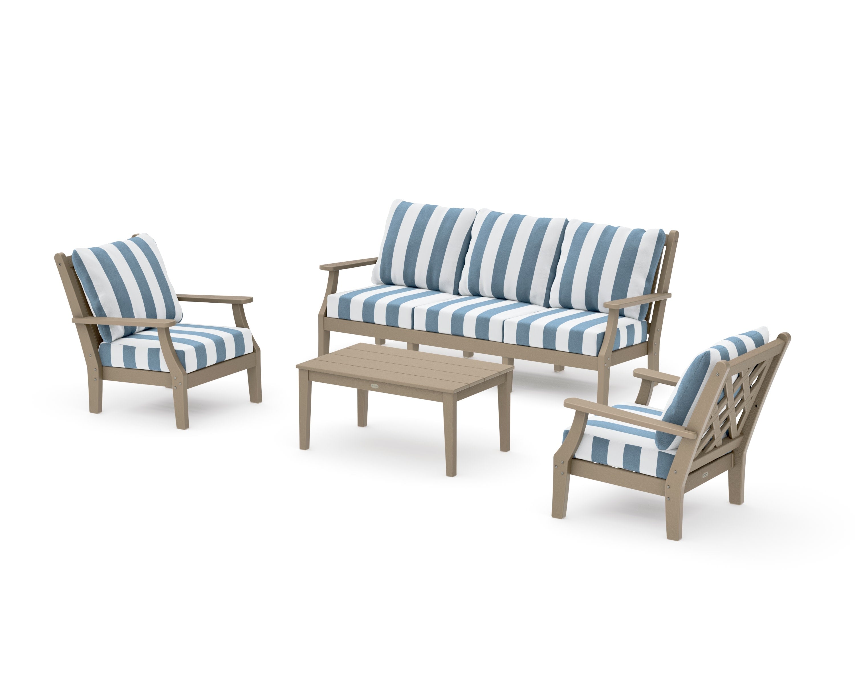 Wovendale 4-Piece Deep Seating Set with Sofa in Vintage Sahara / Cabana Stripe Sky Blue