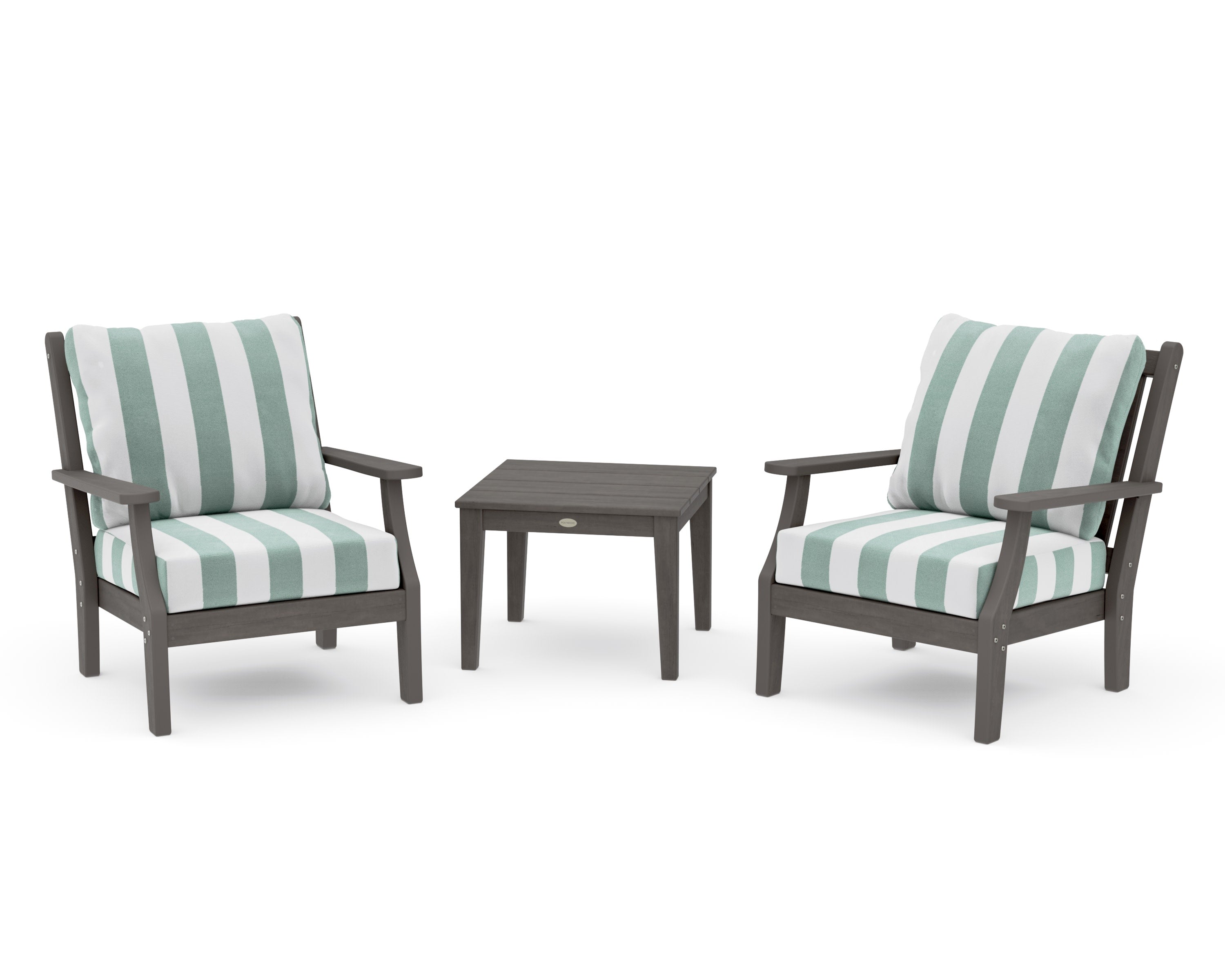Wovendale 3-Piece Deep Seating Set in Driftwood / Cabana Stripe Glacier Spa