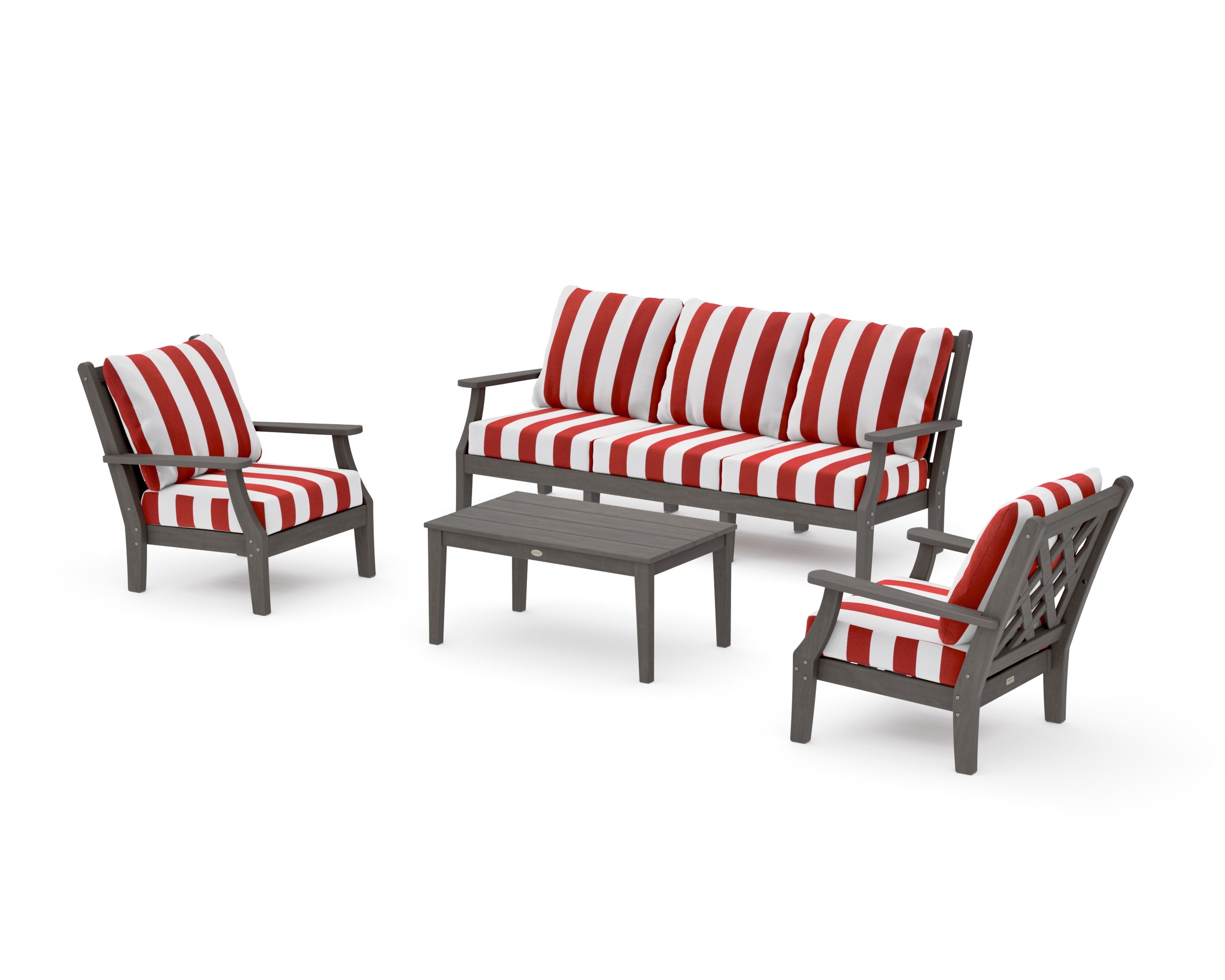 Wovendale 4-Piece Deep Seating Set with Sofa in Driftwood / Cabana Stripe Crimson